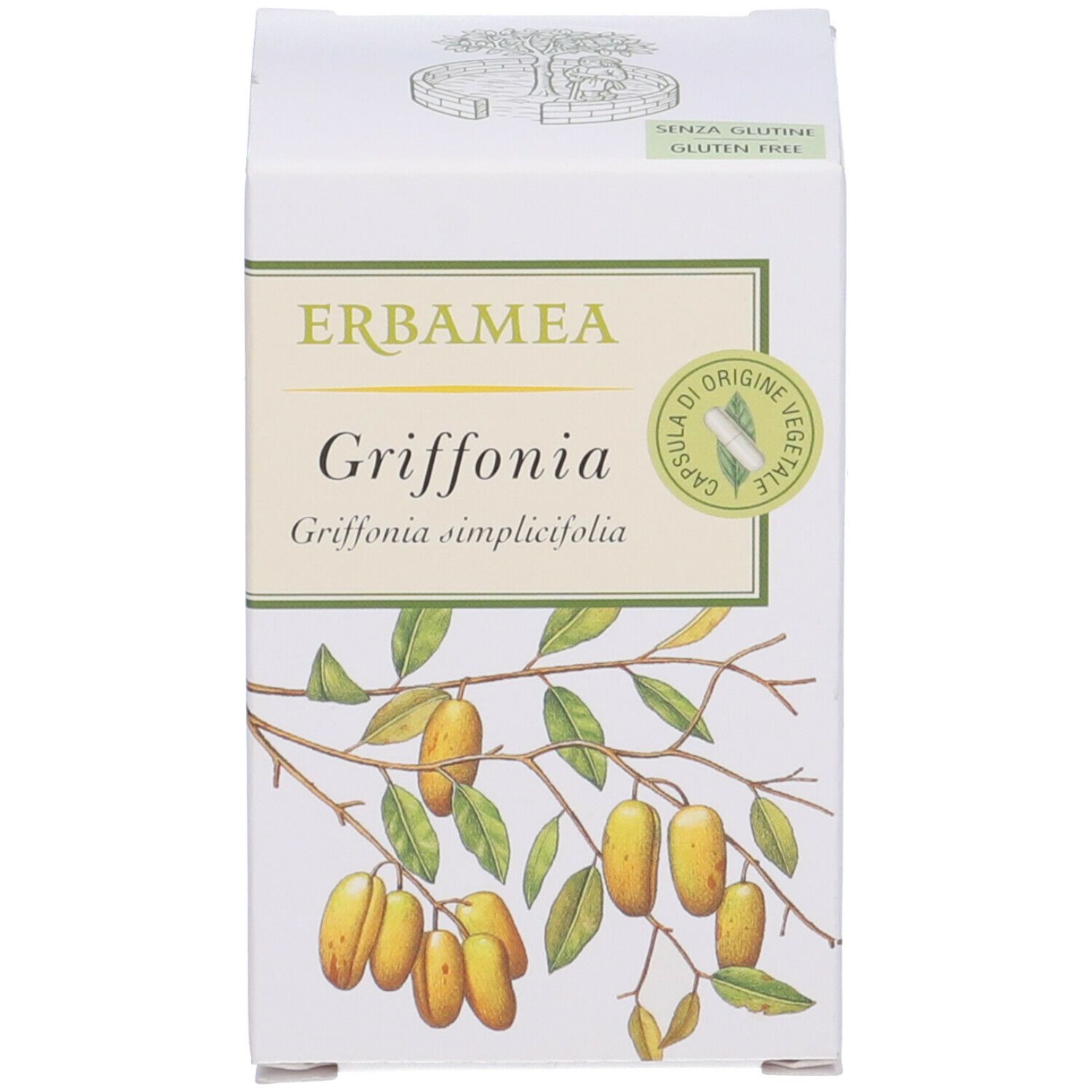 Erbamea Griffonia Schachtel. Produktabbildung und Schriftzug 'Senza glutine'.