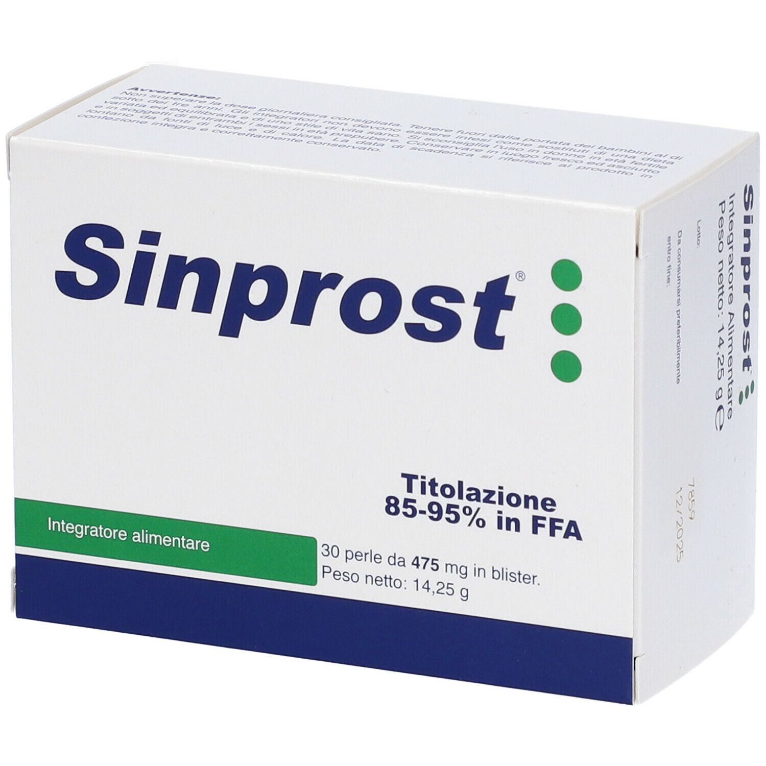 Scatola Sinprost con logo e testo. Contiene punti verdi e testo su ingredienti e peso.