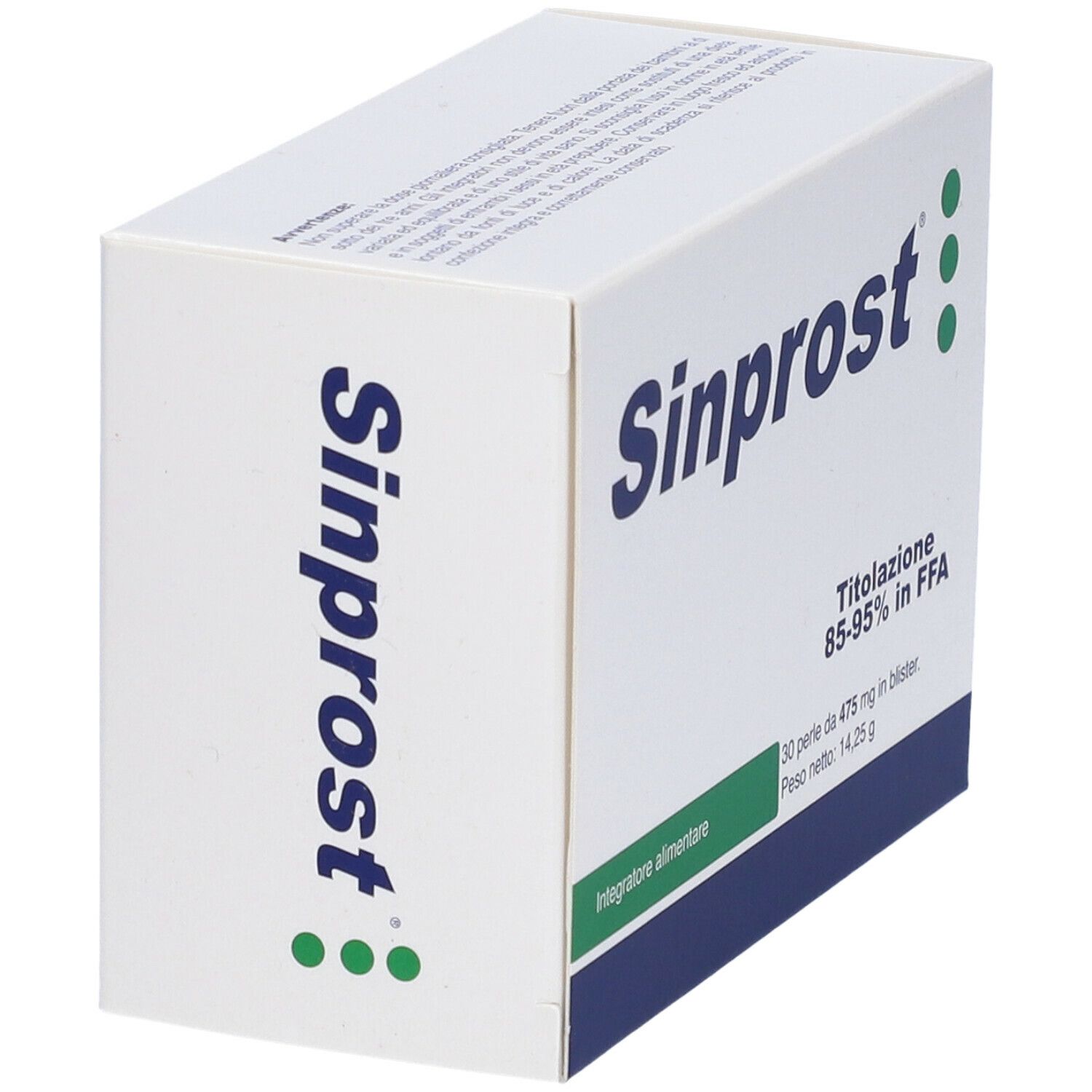 Scatola Sinprost bianca con striscia blu. Logo e testo sul fronte. Punti verdi.