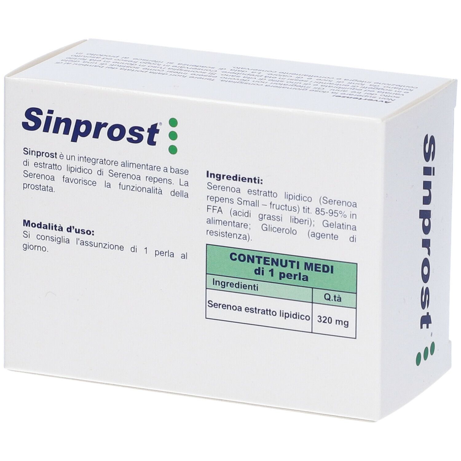Scatola Sinprost con testo e informazioni sugli ingredienti. Contiene punti verdi.