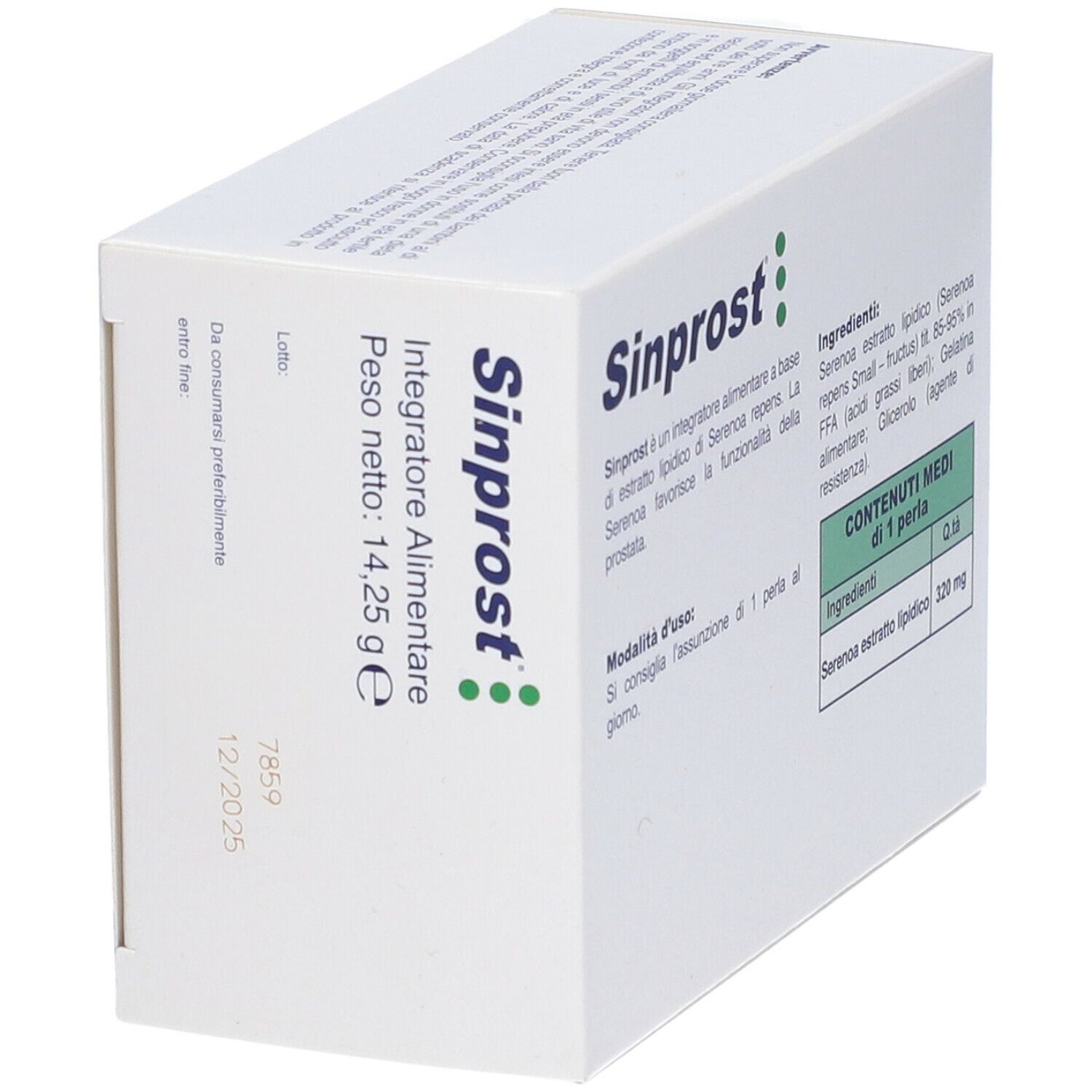 Scatola Sinprost con testo e informazioni sugli ingredienti. Contiene punti verdi.