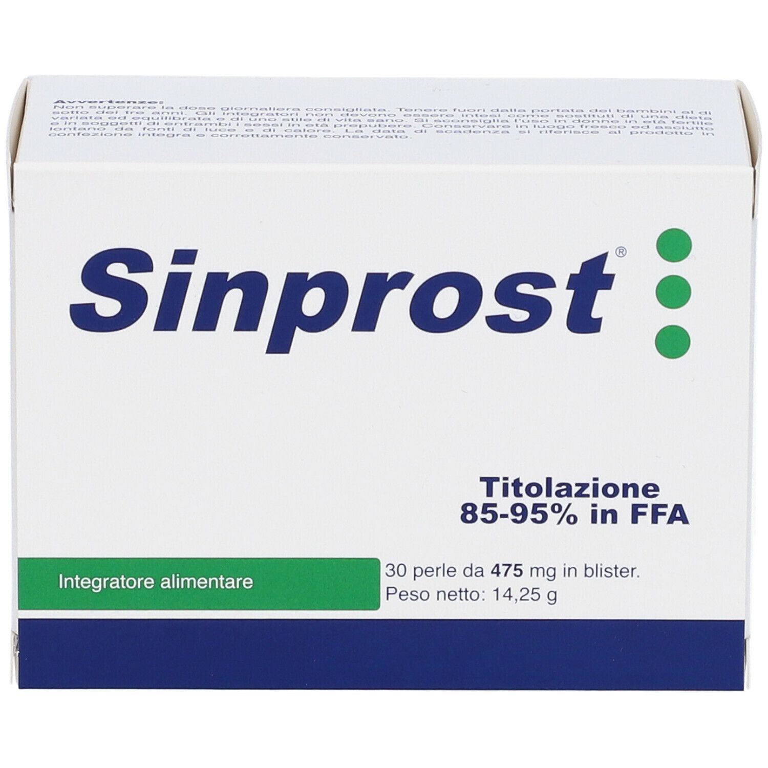 Scatola bianca con logo e testo Sinprost. Contiene punti verdi e testo sugli ingredienti.