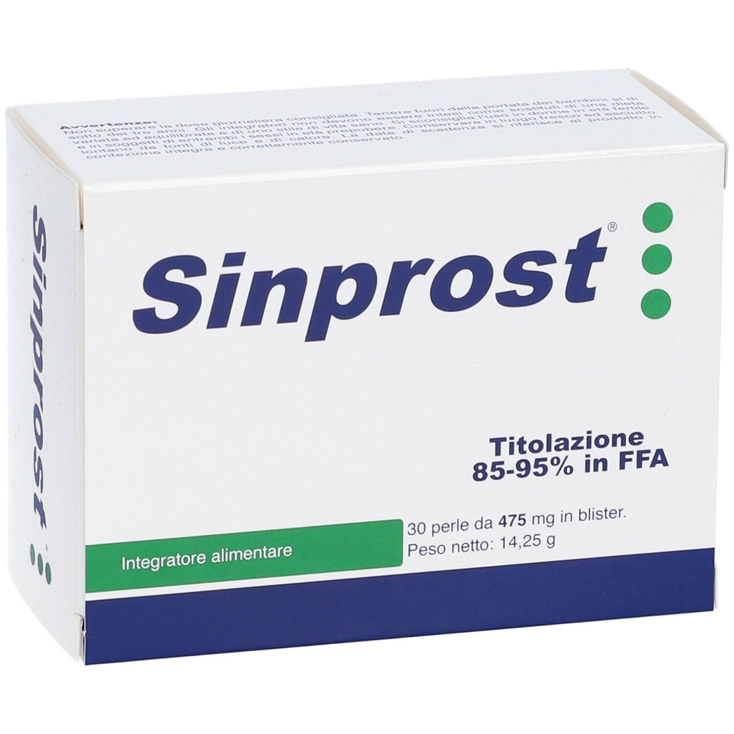 Scatola Sinprost, bianca con punti verdi. Contiene testo sugli ingredienti e il peso.