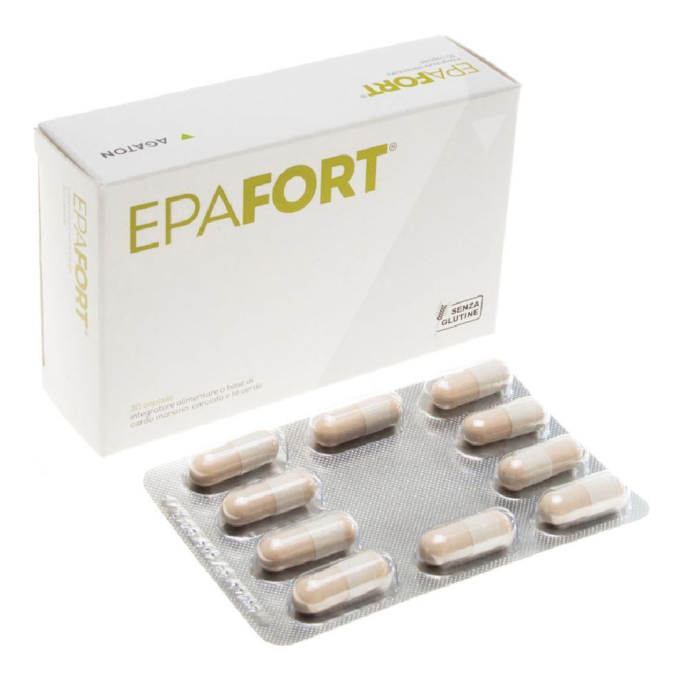 Confezione di capsule EPAFORT e blister. Sulla scatola è presente la scritta « SENZA GLUTINE ».