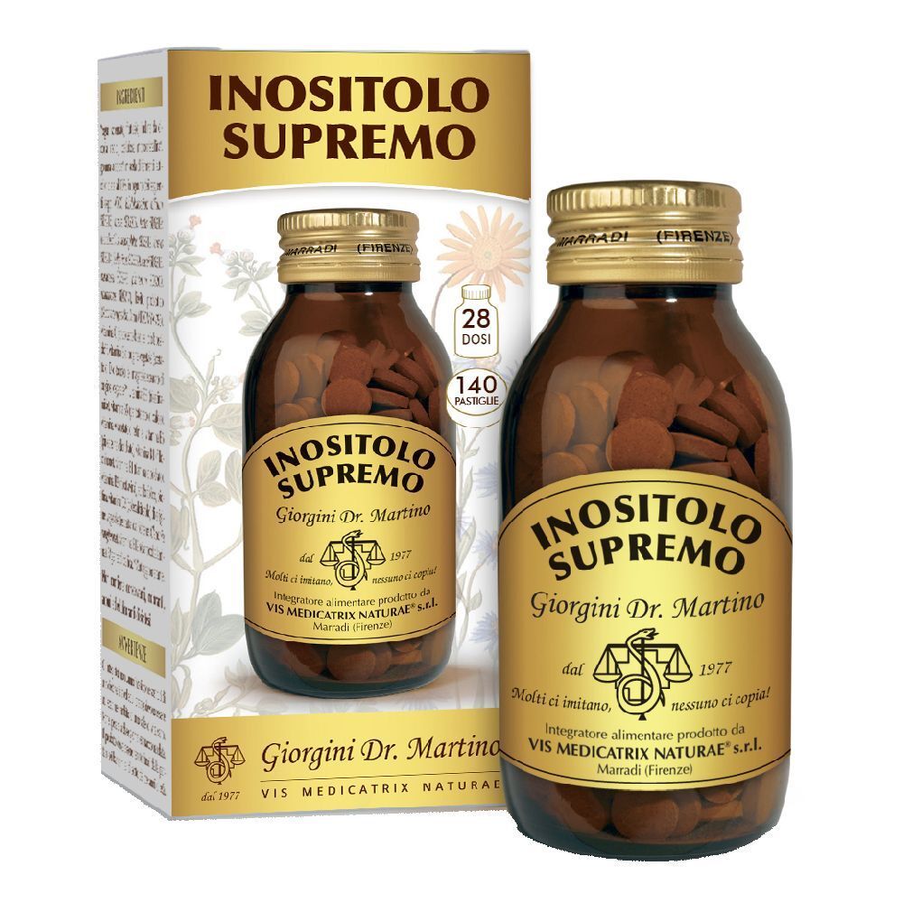 Flacone di vetro marrone con compresse e tappo dorato. Scritta: INOSITOLO SUPREMO, Giorgini Dr. Martino. 140 compresse.