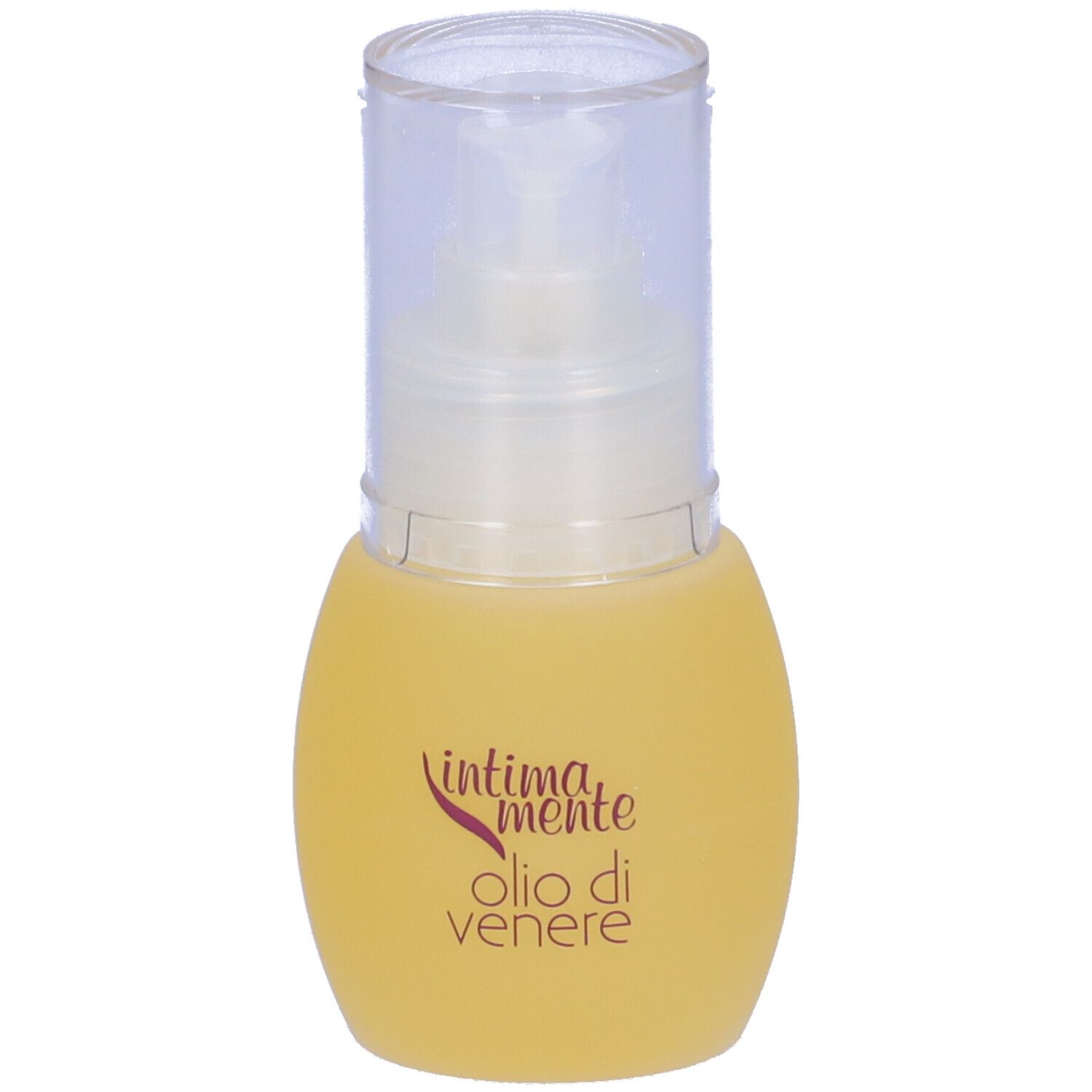 Flacone giallo con erogatore trasparente. Scritta: Intimamente Olio di Venere.