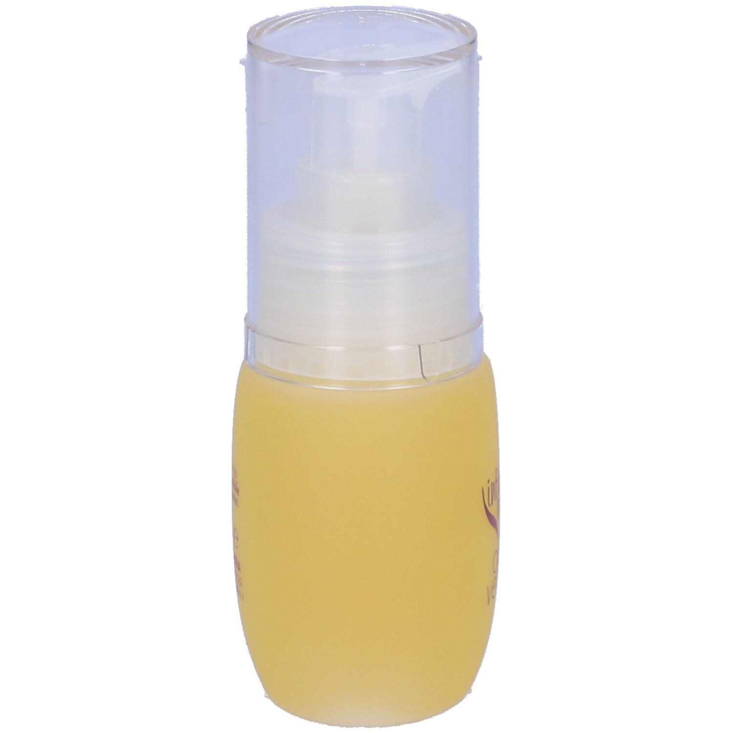 Flacone giallo con erogatore trasparente. Scritta: Intimamente Olio di Venere.