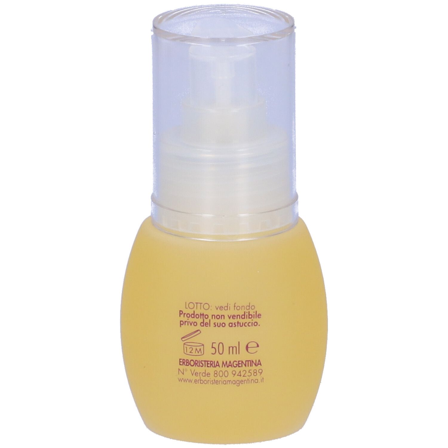 Flacone giallo con erogatore trasparente. Scritta: Intimamente Olio di Venere. Testo sul retro.