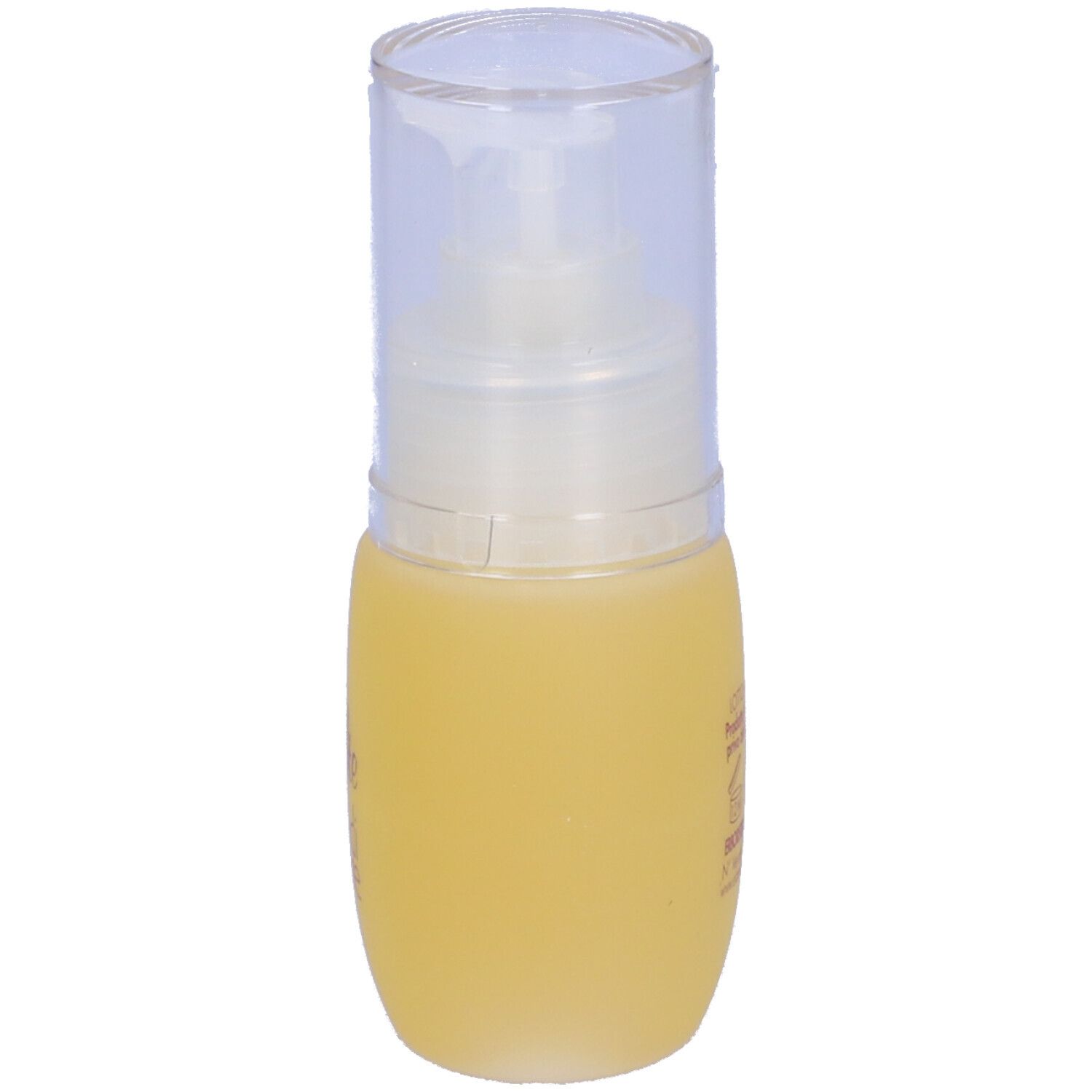 Flacone giallo con erogatore trasparente. Scritta: Intimamente Olio di Venere.