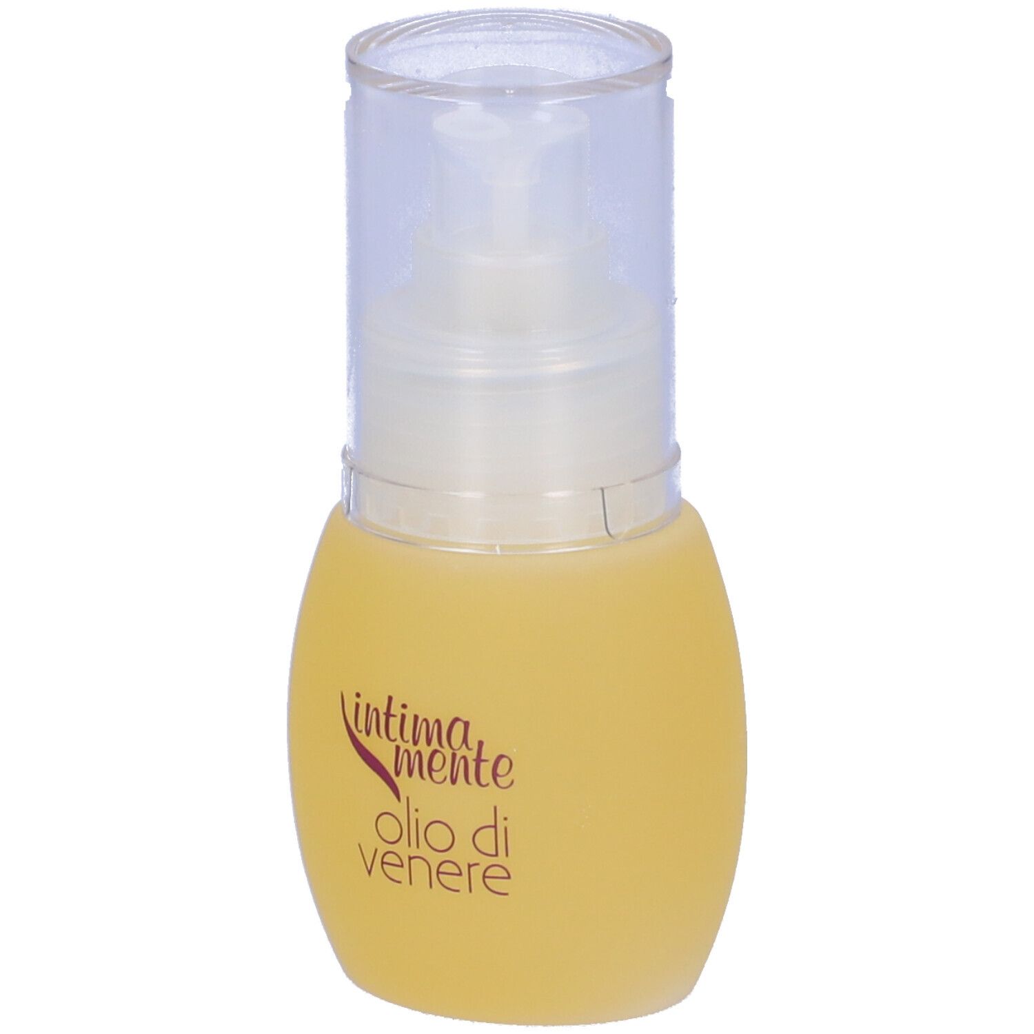 Flacone giallo con erogatore trasparente. Scritta: Intimamente Olio di Venere.