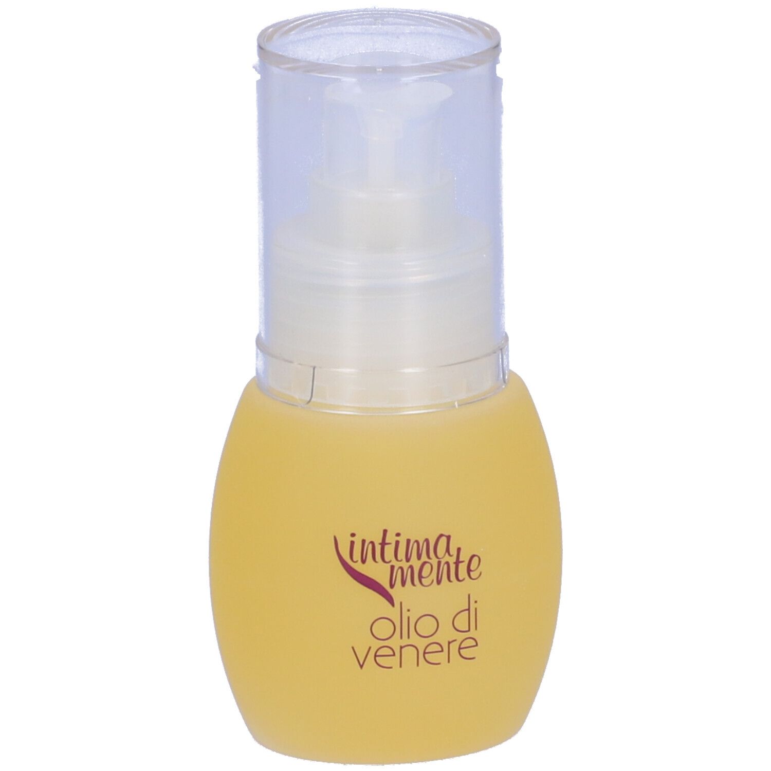 Flacone giallo con erogatore trasparente. Scritta: Intimamente Olio di Venere.
