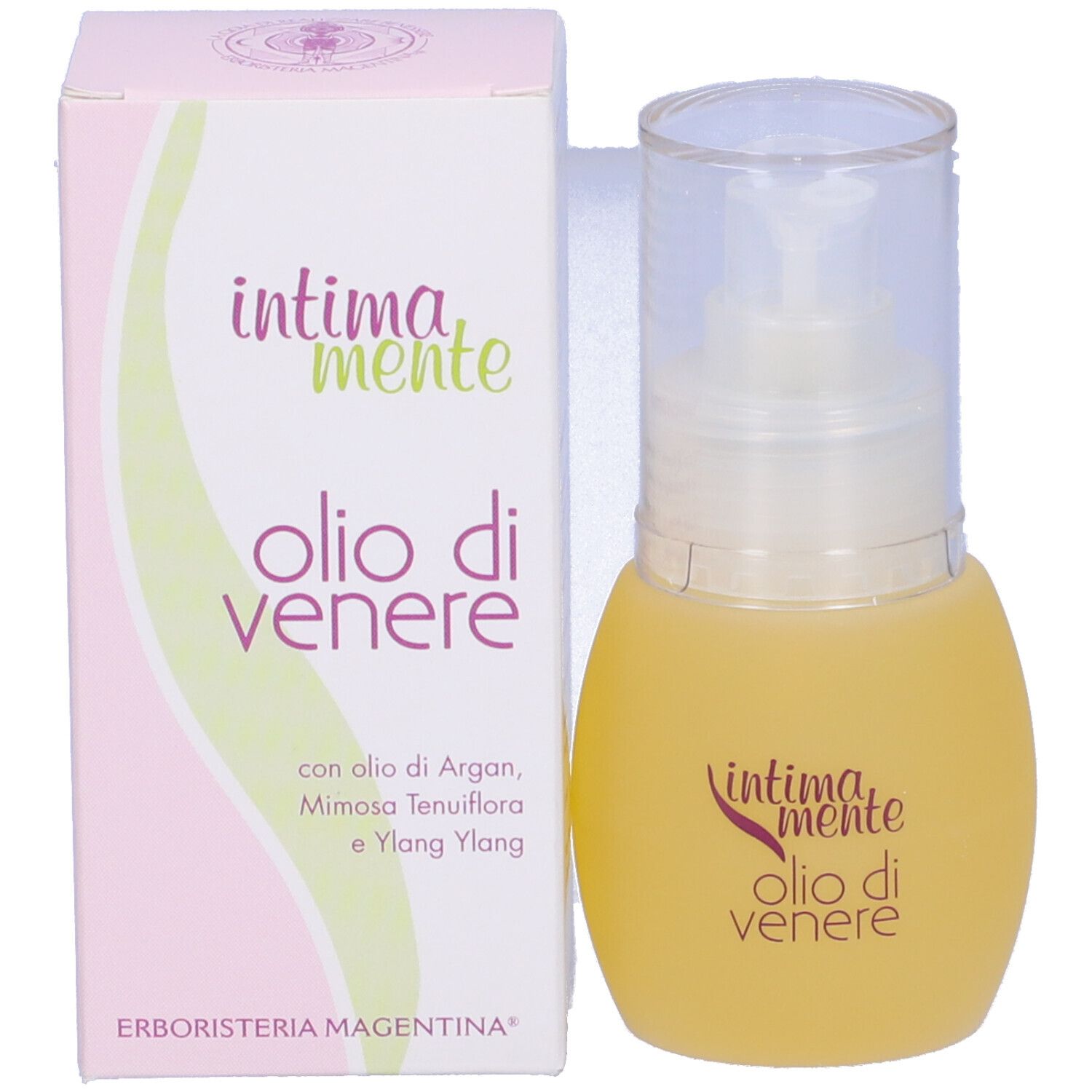 Flacone giallo con erogatore e confezione. Scritta: Intimamente Olio di Venere.