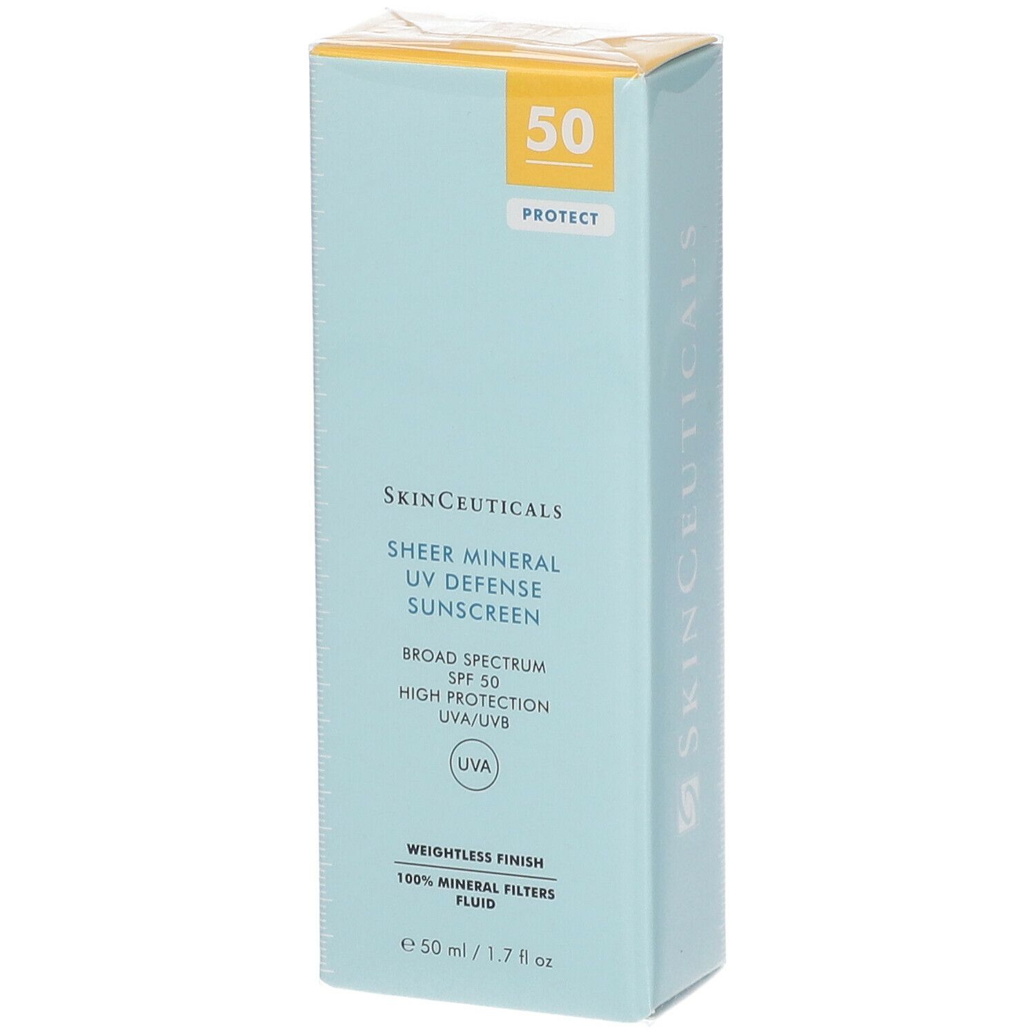 SkinCeuticals Sheer Mineral UV Defense LSF 50. Scatola azzurra con coperchio giallo. Scritta: SPF 50.