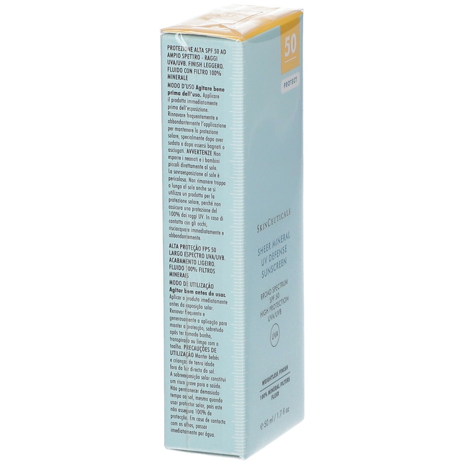 SkinCeuticals Sheer Mineral UV Defense LSF 50. Scatola azzurra con coperchio giallo. Testo in italiano.