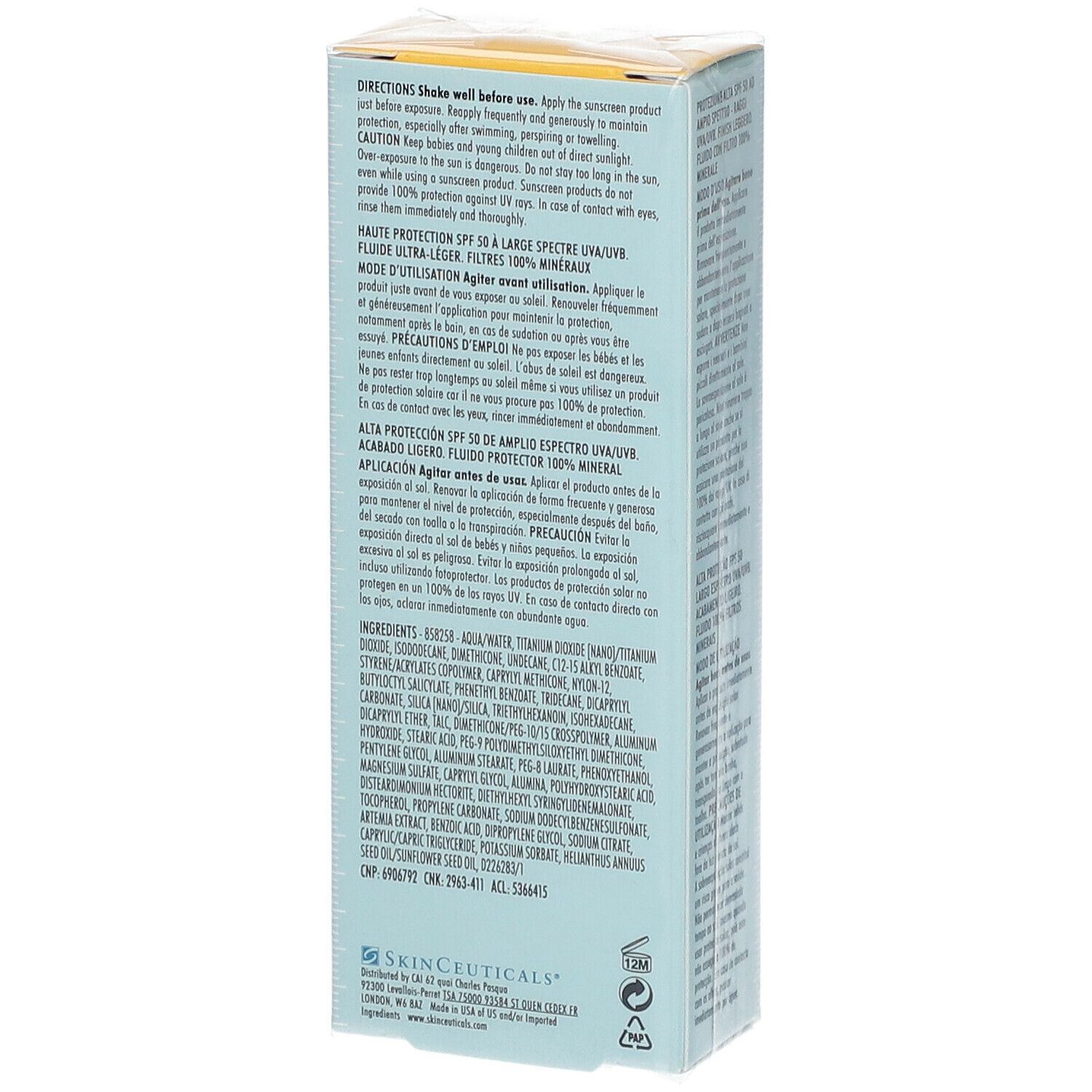 SkinCeuticals Sheer Mineral UV Defense LSF 50. Scatola azzurra con coperchio giallo. Testo in inglese.