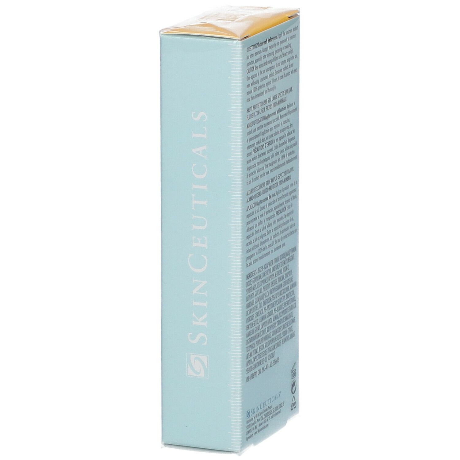 SkinCeuticals Sheer Mineral UV Defense LSF 50. Scatola azzurra con coperchio giallo. Testo in inglese.