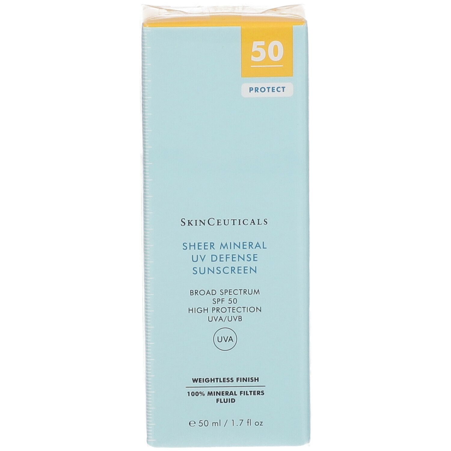 SkinCeuticals Sheer Mineral UV Defense LSF 50. Scatola azzurra con coperchio giallo. Scritta: SPF 50.