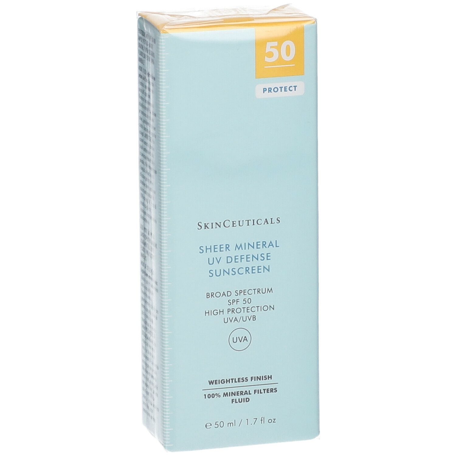 SkinCeuticals Sheer Mineral UV Defense LSF 50. Scatola azzurra con coperchio giallo. Scritta: SPF 50.