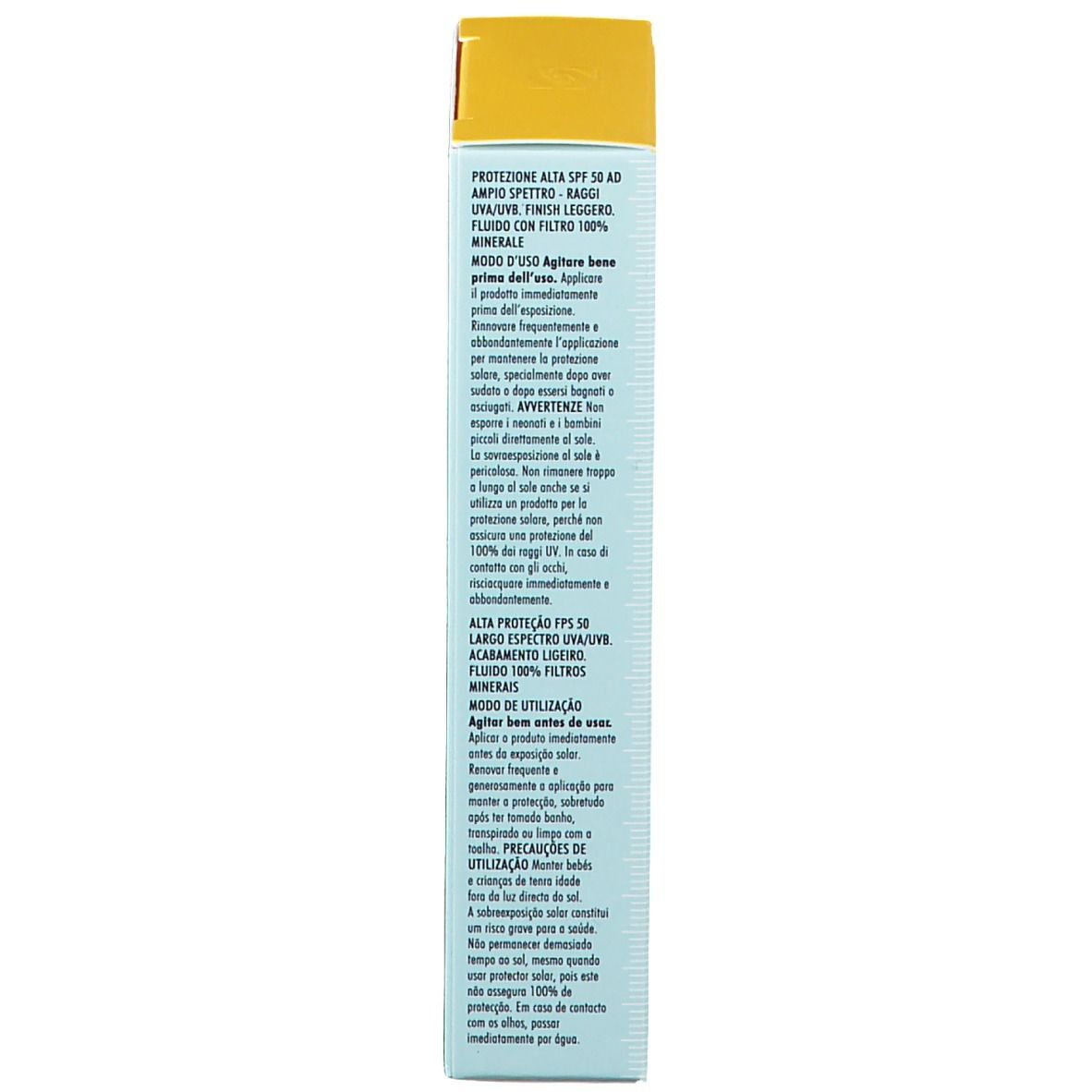 SkinCeuticals Sheer Mineral UV Defense LSF 50. Scatola azzurra con coperchio giallo. Testo in italiano.