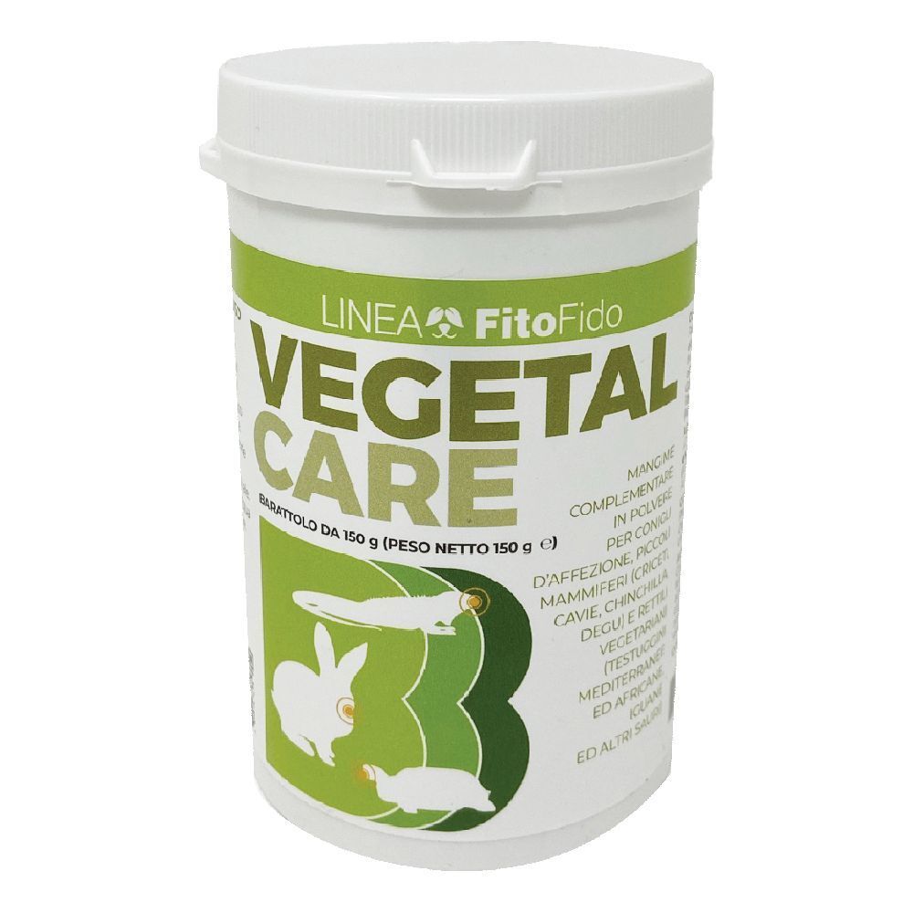 Barattolo bianco con coperchio. Scritta: Vegetal Care, Barattolo da 150 g. Dettagli etichetta verde e bianca.