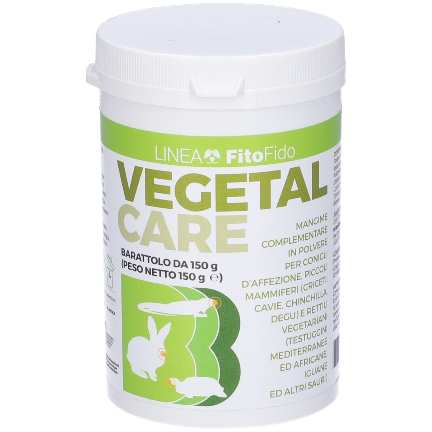 Barattolo bianco con coperchio. Scritta: Vegetal Care, Barattolo da 150 g. Dettagli etichetta verde e bianca.