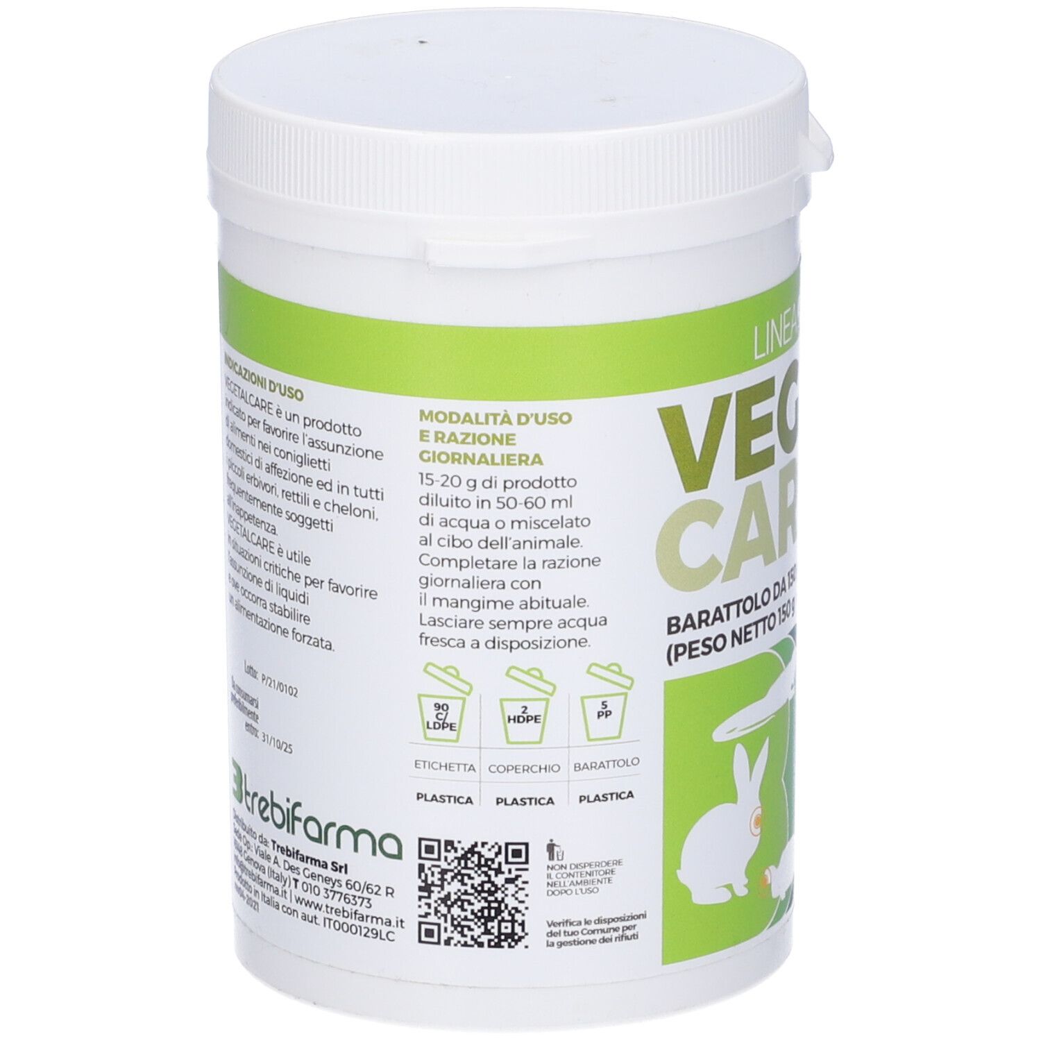 Retro del barattolo bianco. Testo: Vegetal Care. Modalità d'uso e dosaggio. Codice QR e logo.