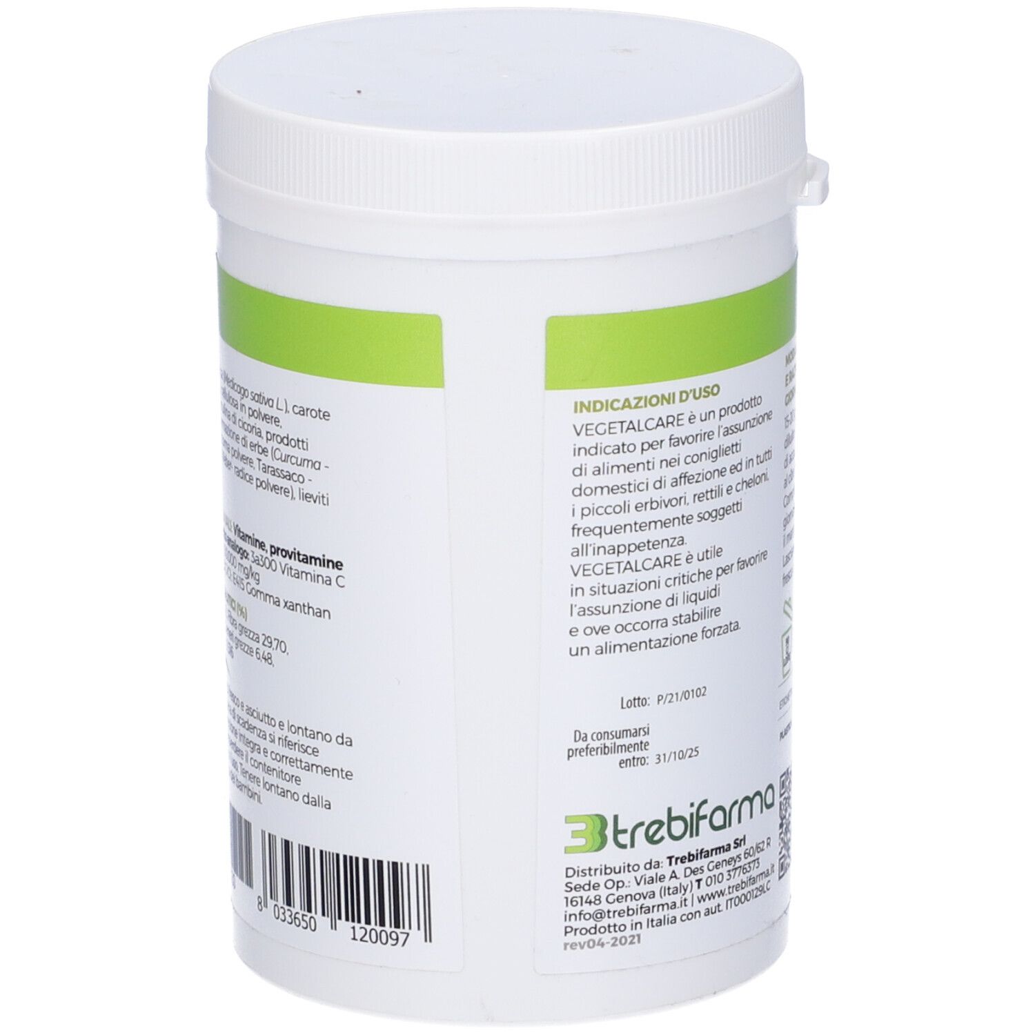 Retro del barattolo bianco. Testo: Vegetal Care. Informazioni produttore e data di scadenza.