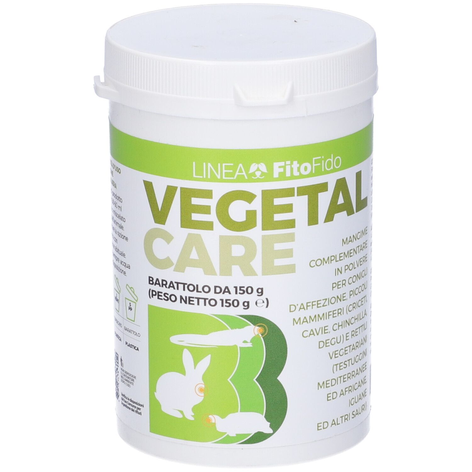 Barattolo bianco con coperchio. Scritta: Vegetal Care, Barattolo da 150 g. Dettagli etichetta verde e bianca.