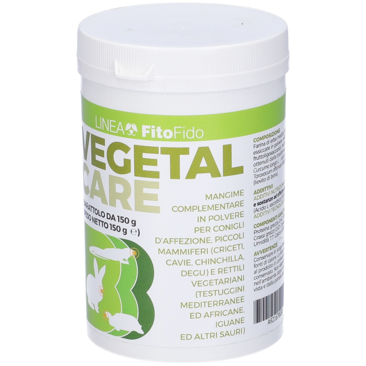 Barattolo bianco con coperchio. Scritta: Vegetal Care, Barattolo da 150 g. Dettagli etichetta verde e bianca.