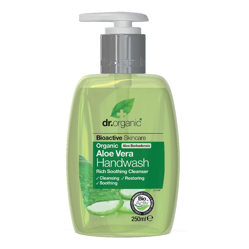 Flacone verde con dosatore. Scritta: Aloe Vera Handwash. Marchio: dr.organic. Cura della pelle bioattiva. 250ml.