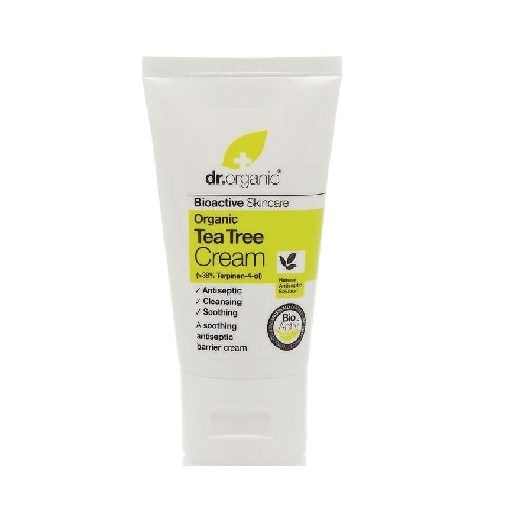 Weiße Tube mit Dr. Organic® Tea Tree Cream. Aufschrift: Bioaktive Hautpflege, Tea Tree Cream, antiseptisch, reinigend, beruhigend.