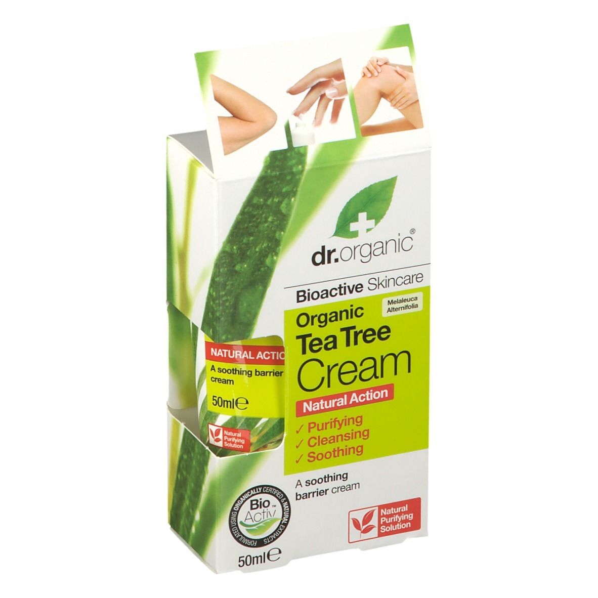 Verpackung von Dr. Organic® Tea Tree Cream. Aufschrift: Bioaktive Hautpflege, Tea Tree Cream, Natural Action, reinigend, beruhigend, 50ml.