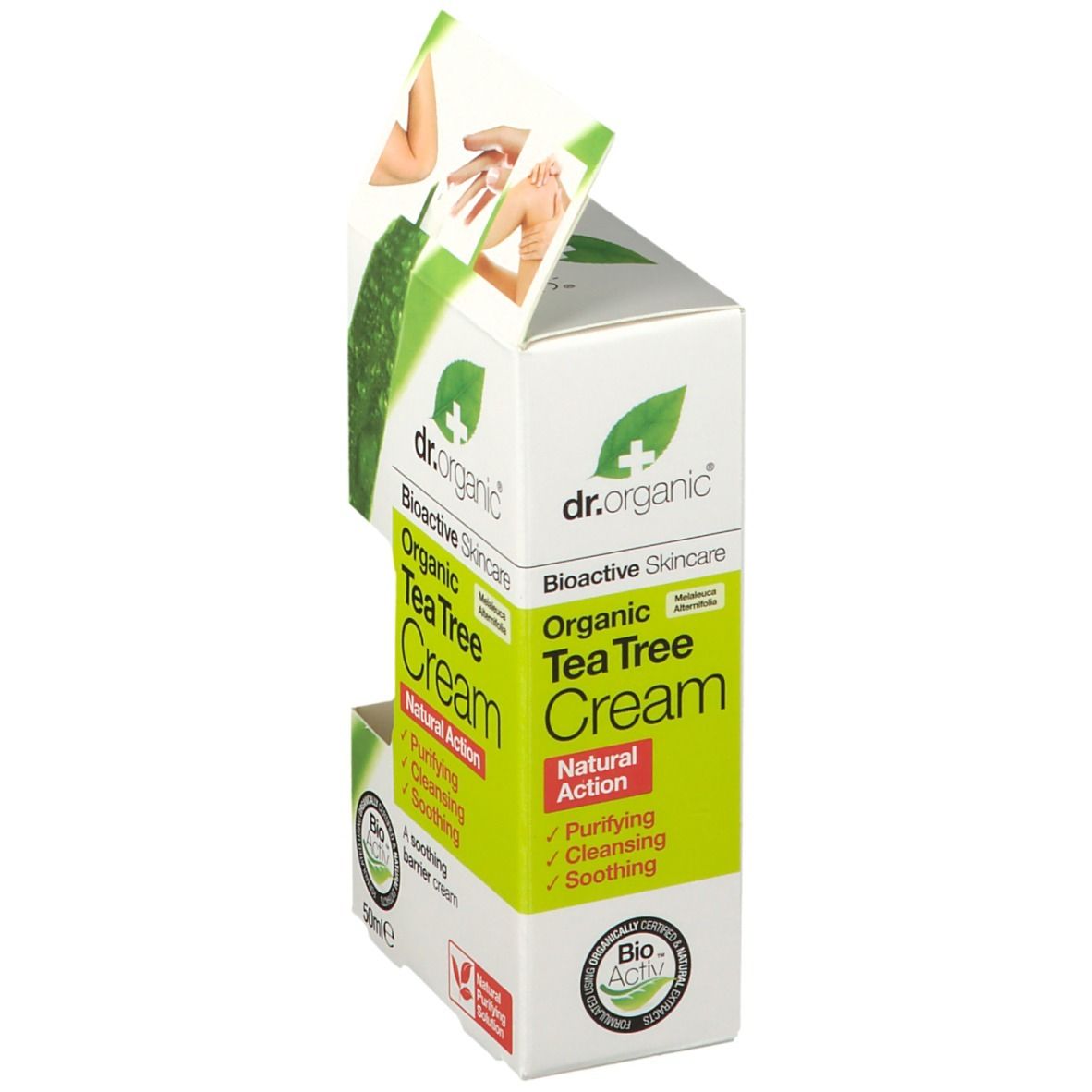 Verpackung von Dr. Organic® Tea Tree Cream. Aufschrift: Bioaktive Hautpflege, Tea Tree Cream, Natural Action, reinigend, beruhigend, 50ml.
