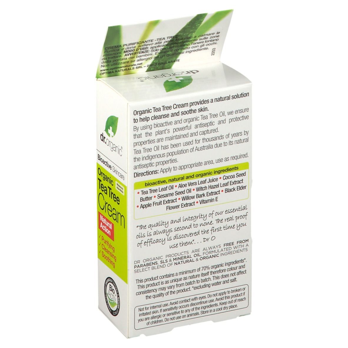 Rückseite der Verpackung von Dr. Organic® Tea Tree Cream. Text: Bioaktive, natürliche Inhaltsstoffe, Anwendung, Inhaltsstoffe, Bio Activ.