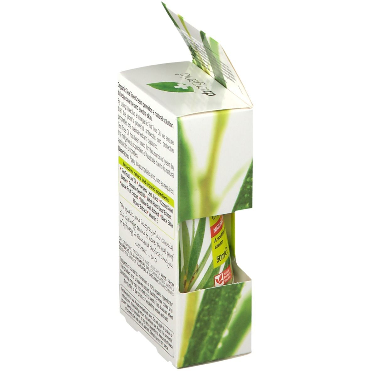 Verpackung von Dr. Organic® Tea Tree Cream. Text: Bioaktive, natürliche Inhaltsstoffe, Anwendung, Inhaltsstoffe, Bio Activ.
