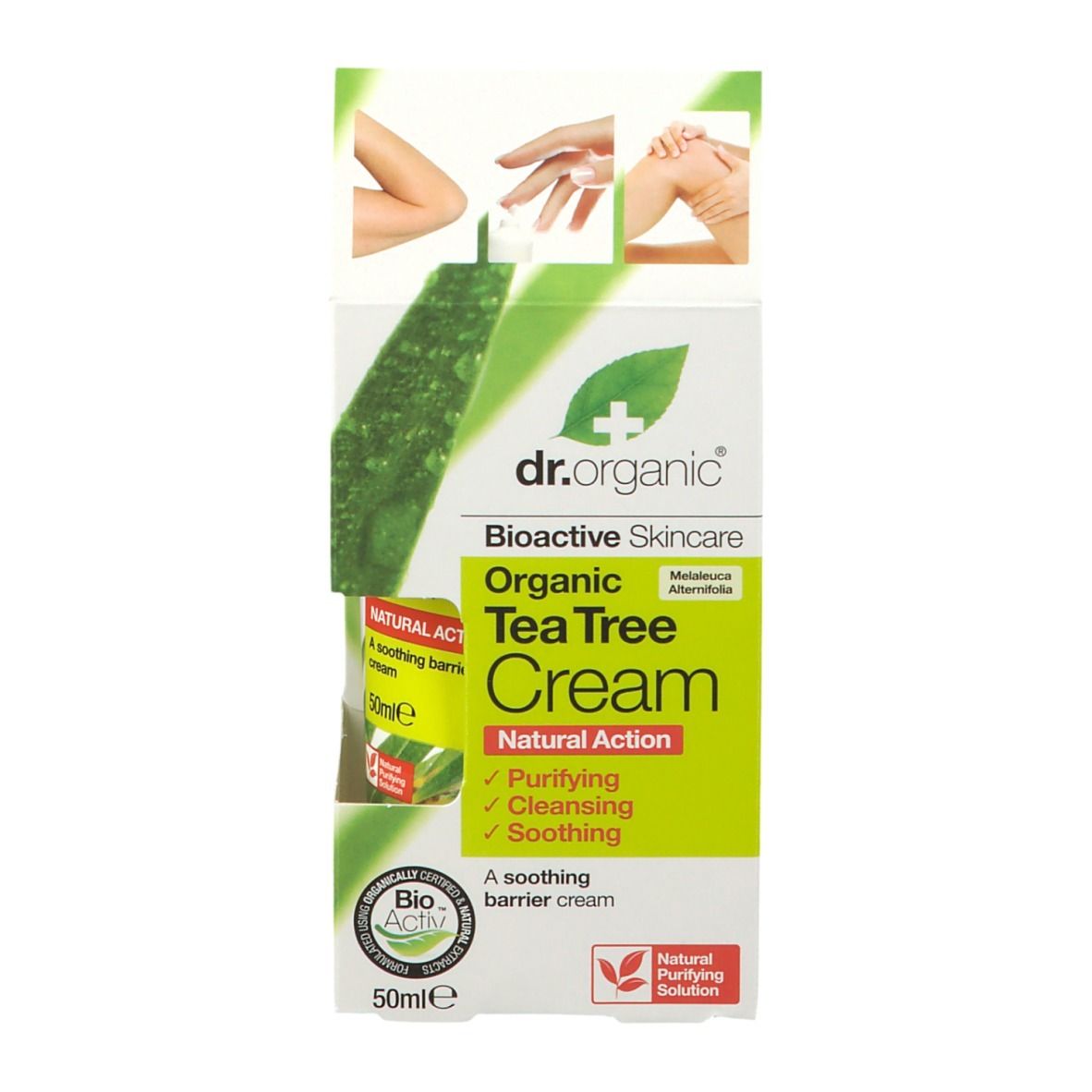 Verpackung von Dr. Organic® Tea Tree Cream. Aufschrift: Bioaktive Hautpflege, Tea Tree Cream, Natural Action, reinigend, beruhigend, 50ml.