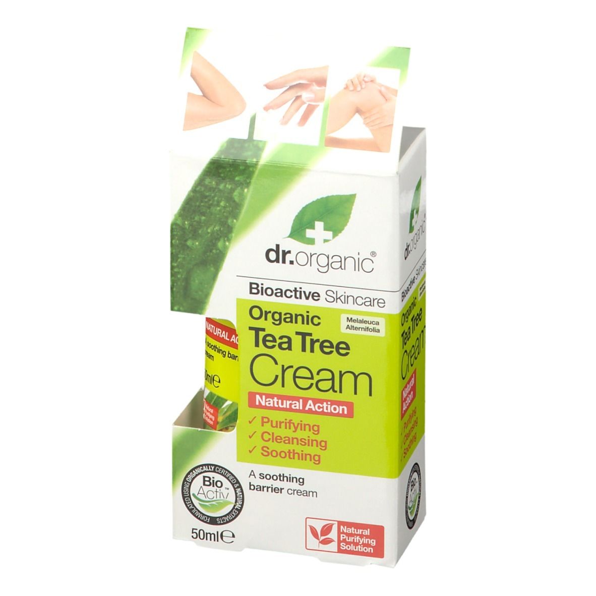 Verpackung von Dr. Organic® Tea Tree Cream. Aufschrift: Bioaktive Hautpflege, Tea Tree Cream, Natural Action, reinigend, beruhigend, 50ml.
