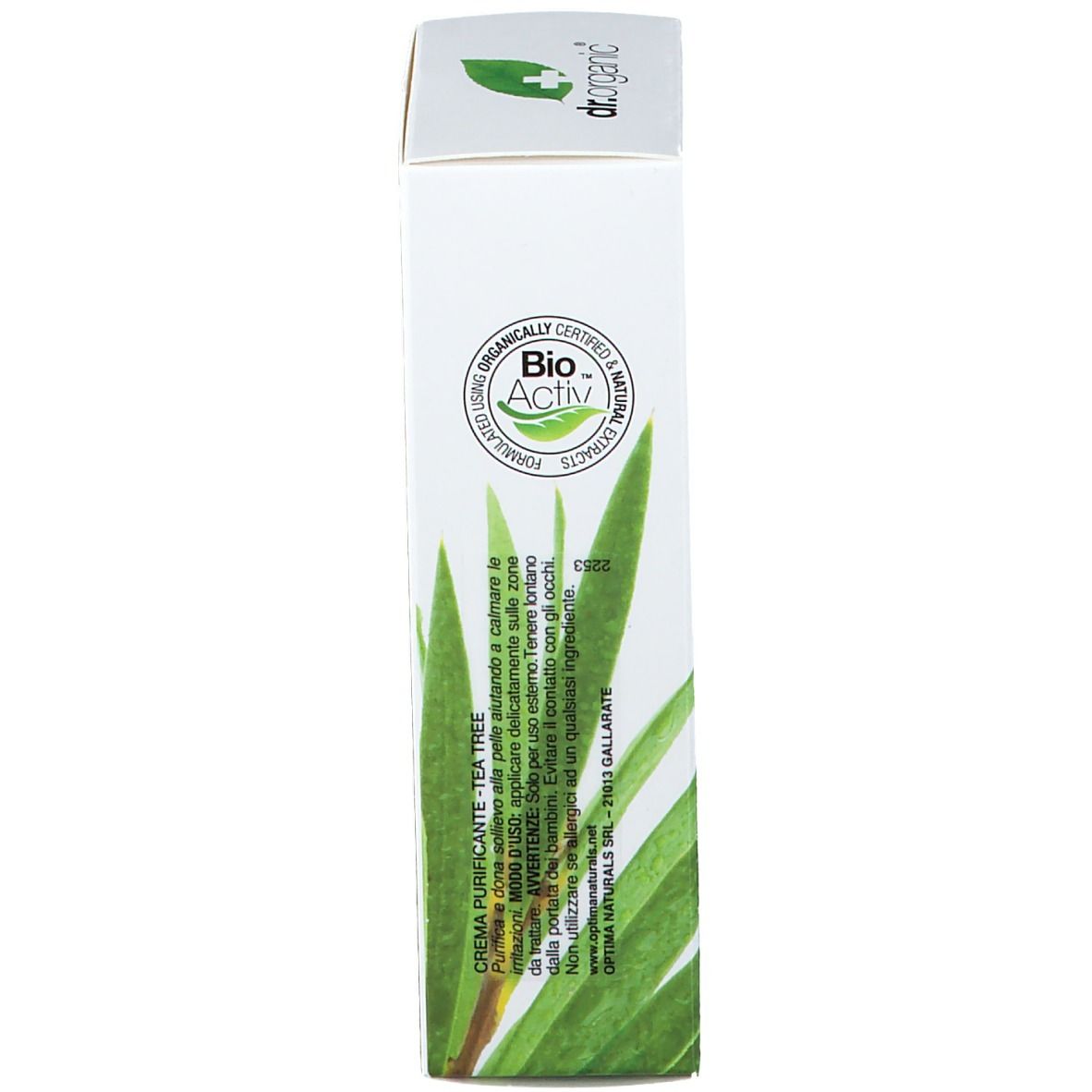 Verpackung von Dr. Organic® Tea Tree Cream. Aufschrift: Bio Activ, Creme Purificante, Anwendungshinweise, Inhaltsstoffe.
