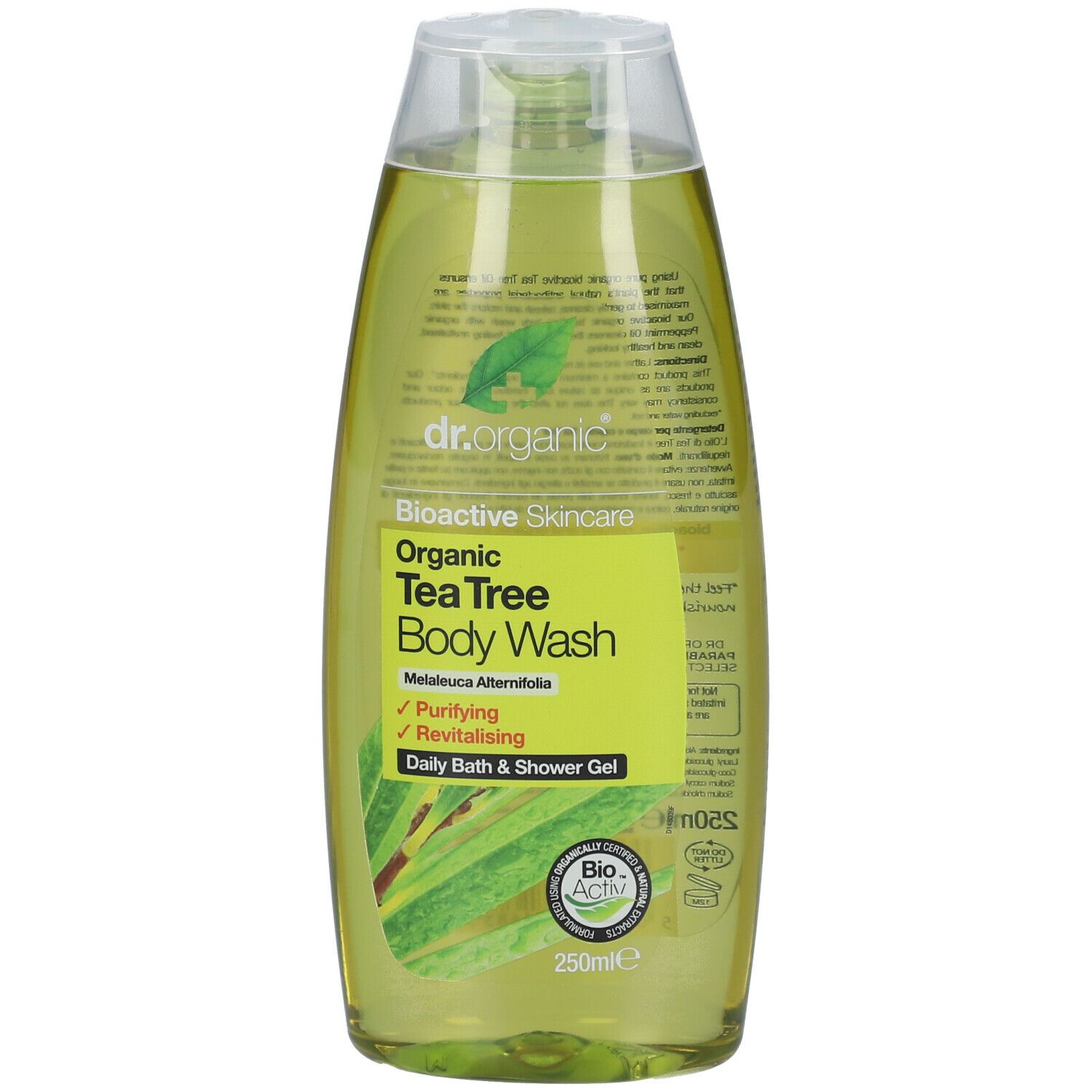 Bagnoschiuma in bottiglia trasparente con etichetta verde. Visibile: "dr. organic", "Tea Tree Body Wash", sigillo bio, 250ml.