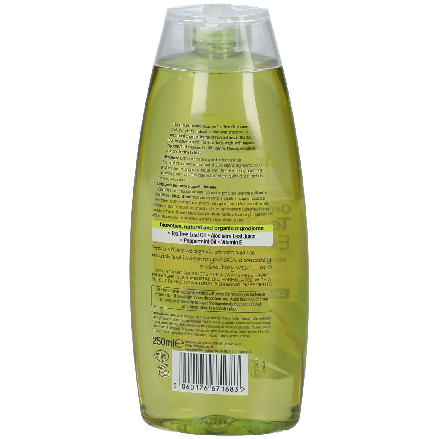 Retro della bottiglia di bagnoschiuma. Visibile: ingredienti, sigillo bio, 250ml, codice a barre.