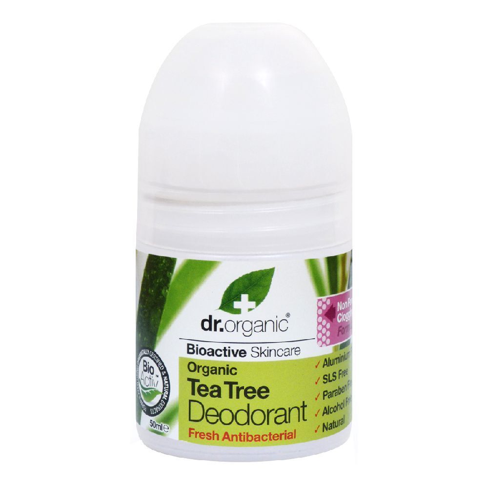 Flacone di deodorante roll-on bianco. Scritta: Dr. Organic Bioactive Skincare Tea Tree Deodorant. Con sigillo biologico. Senza alluminio, SLS, parabeni, alcool.