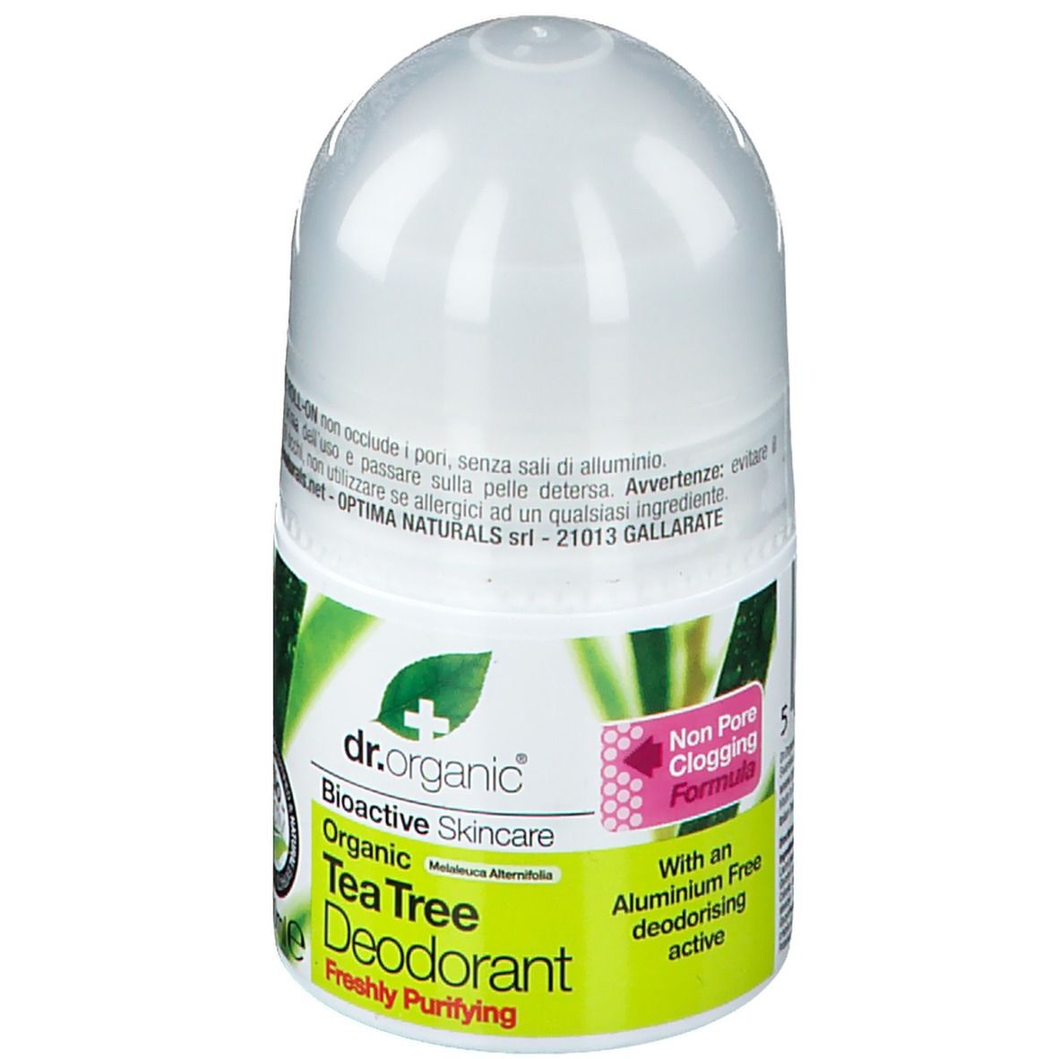 Flacone di deodorante roll-on bianco. Scritta: Dr. Organic Bioactive Skincare Tea Tree Deodorant. Con 'Non Pore Clogging Formula' e 'Senza alluminio'.