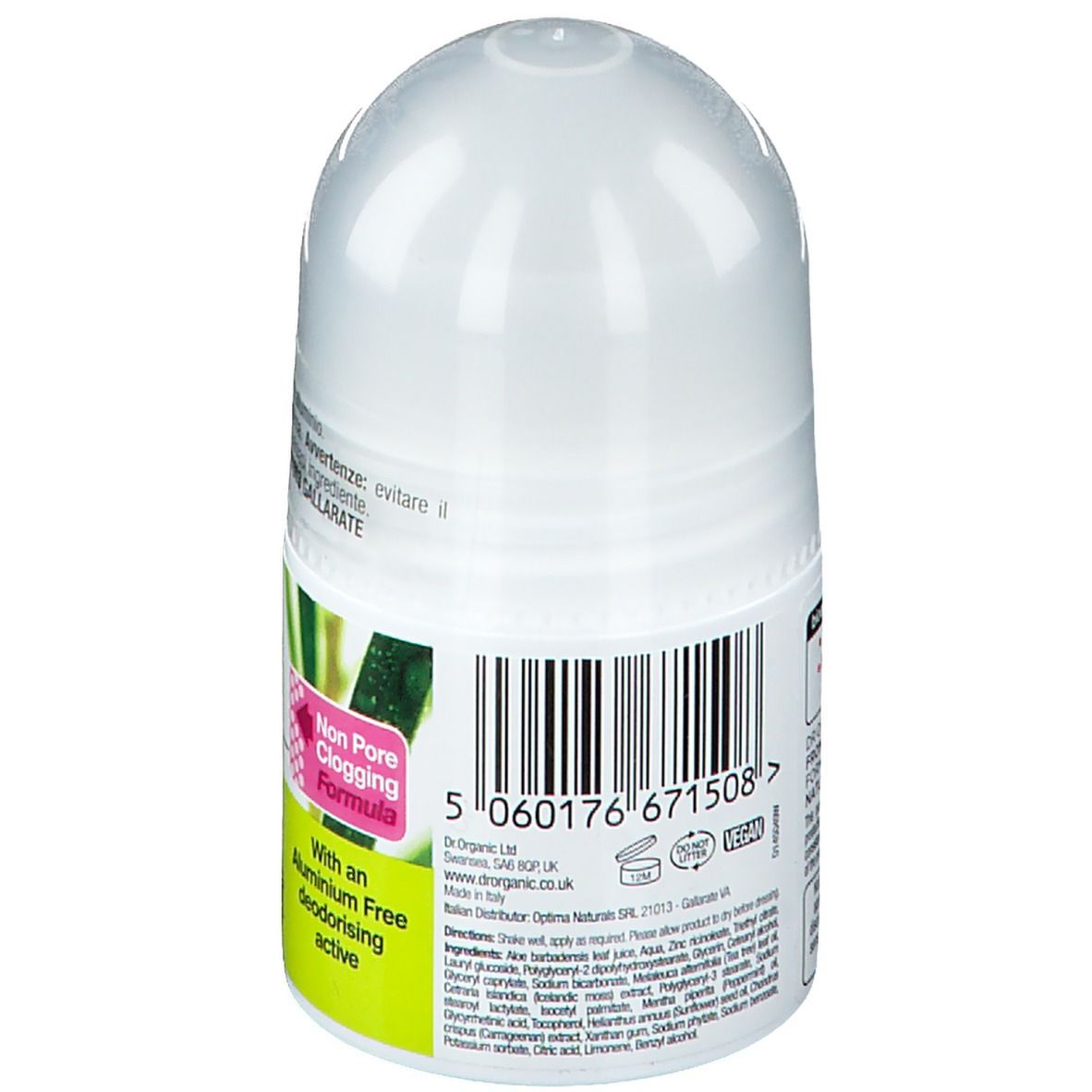 Retro di un flacone di deodorante roll-on bianco. Codice a barre e testo. Contiene ingredienti come olio di foglie di tea tree, succo di aloe vera, vitamina E.