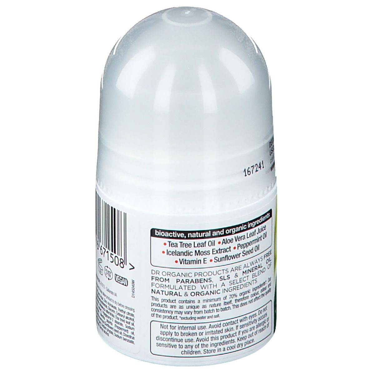 Retro di un flacone di deodorante roll-on bianco. Codice a barre e testo. Contiene ingredienti come olio di foglie di tea tree, succo di aloe vera, vitamina E.