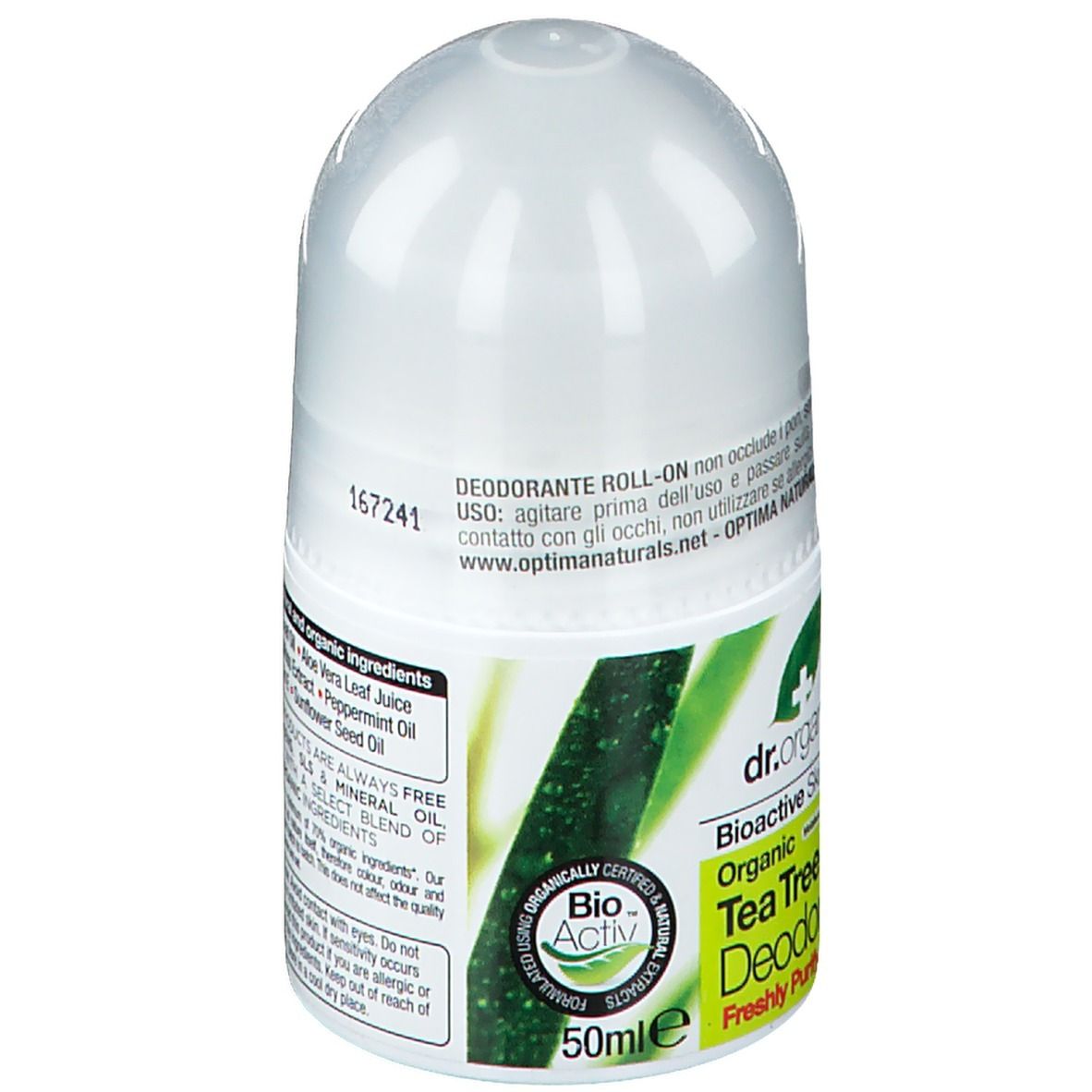Flacone di deodorante roll-on bianco. Scritta: Dr. Organic Bioactive Skincare Tea Tree Deodorant. Con sigillo biologico. 50ml. Contiene ingredienti.