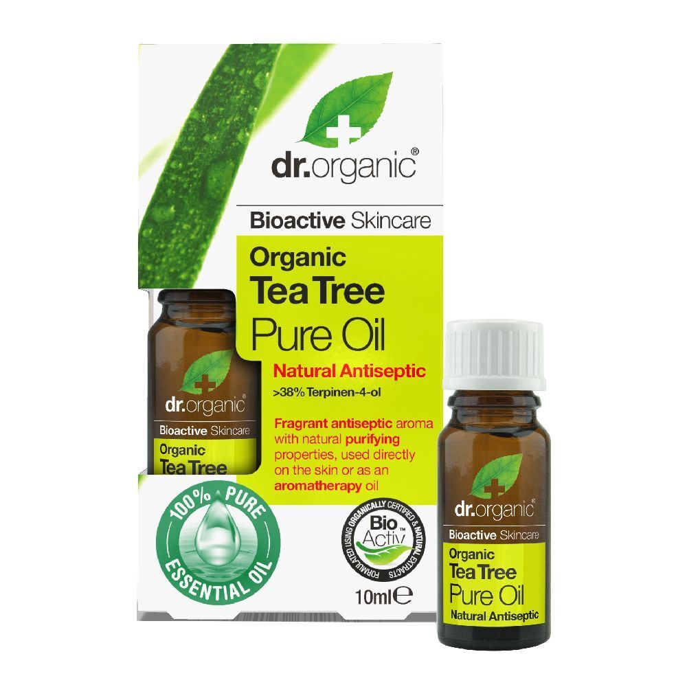 Flacone di vetro marrone e confezione con testo. Scritta: Organic Tea Tree Pure Oil. Sigillo Bio-Activ.