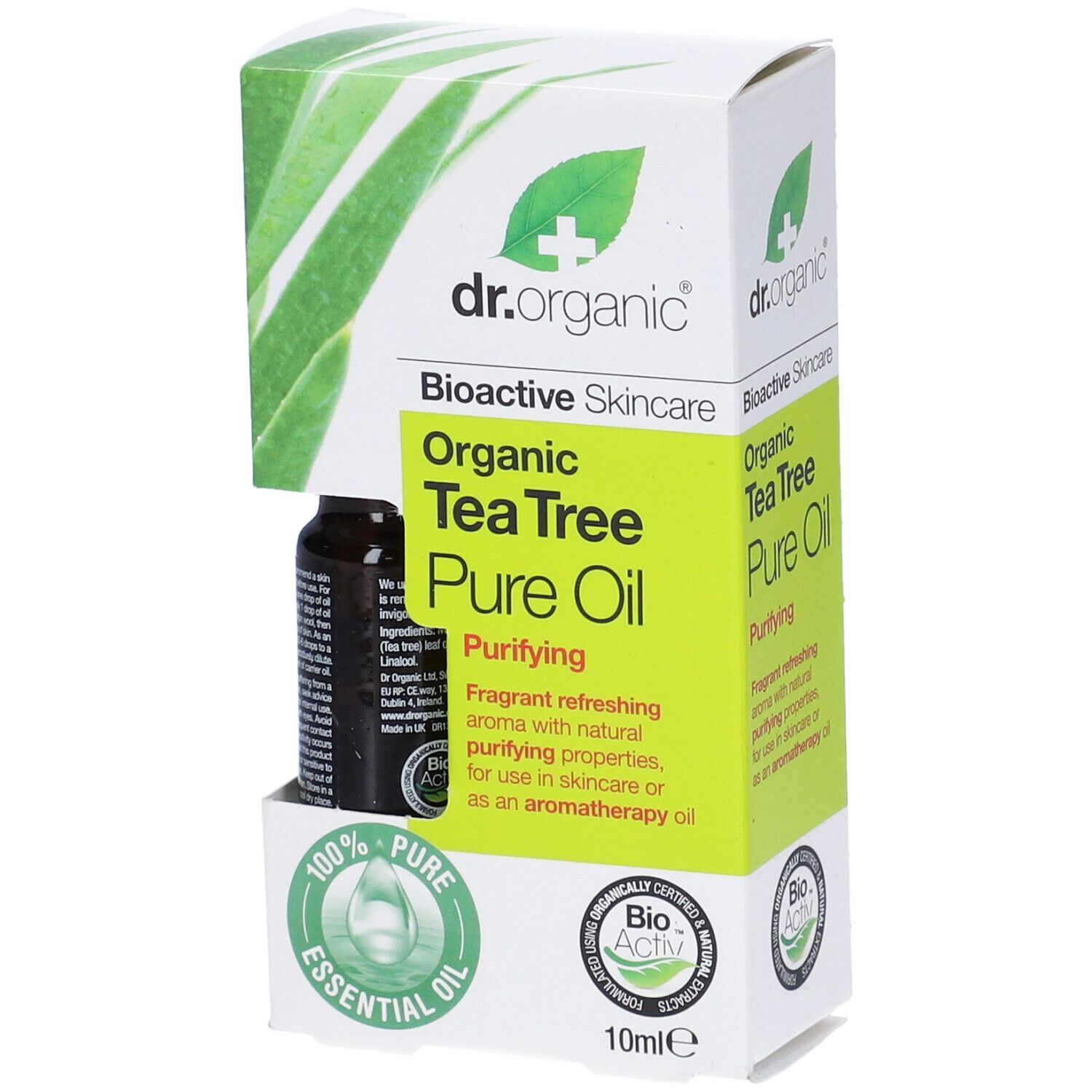 Confezione del prodotto con flacone in vetro marrone. Scritta: Organic Tea Tree Pure Oil. Sigillo Bio-Activ e 10 ml.