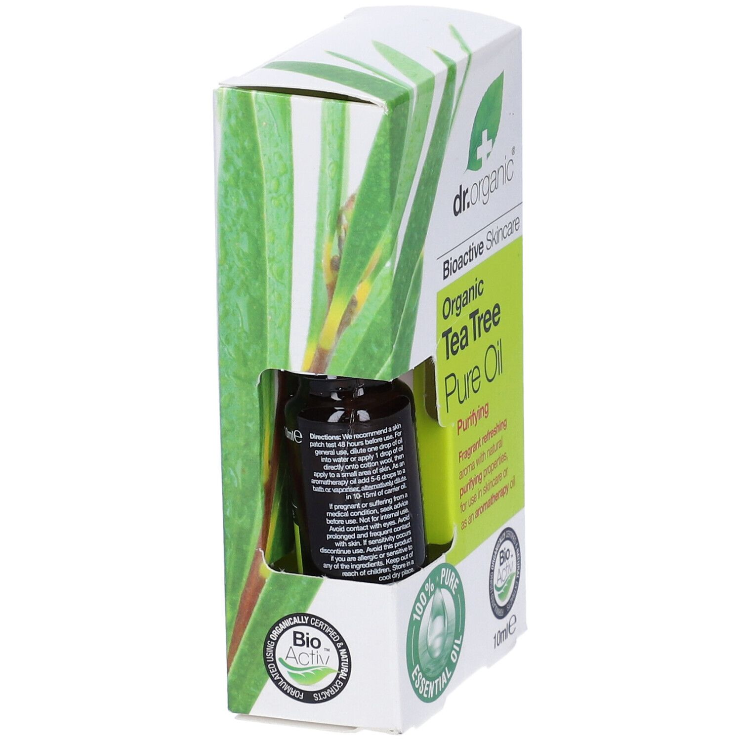 Confezione del prodotto con flacone in vetro marrone. Scritta: Organic Tea Tree Pure Oil. Sigillo Bio-Activ e 10 ml.