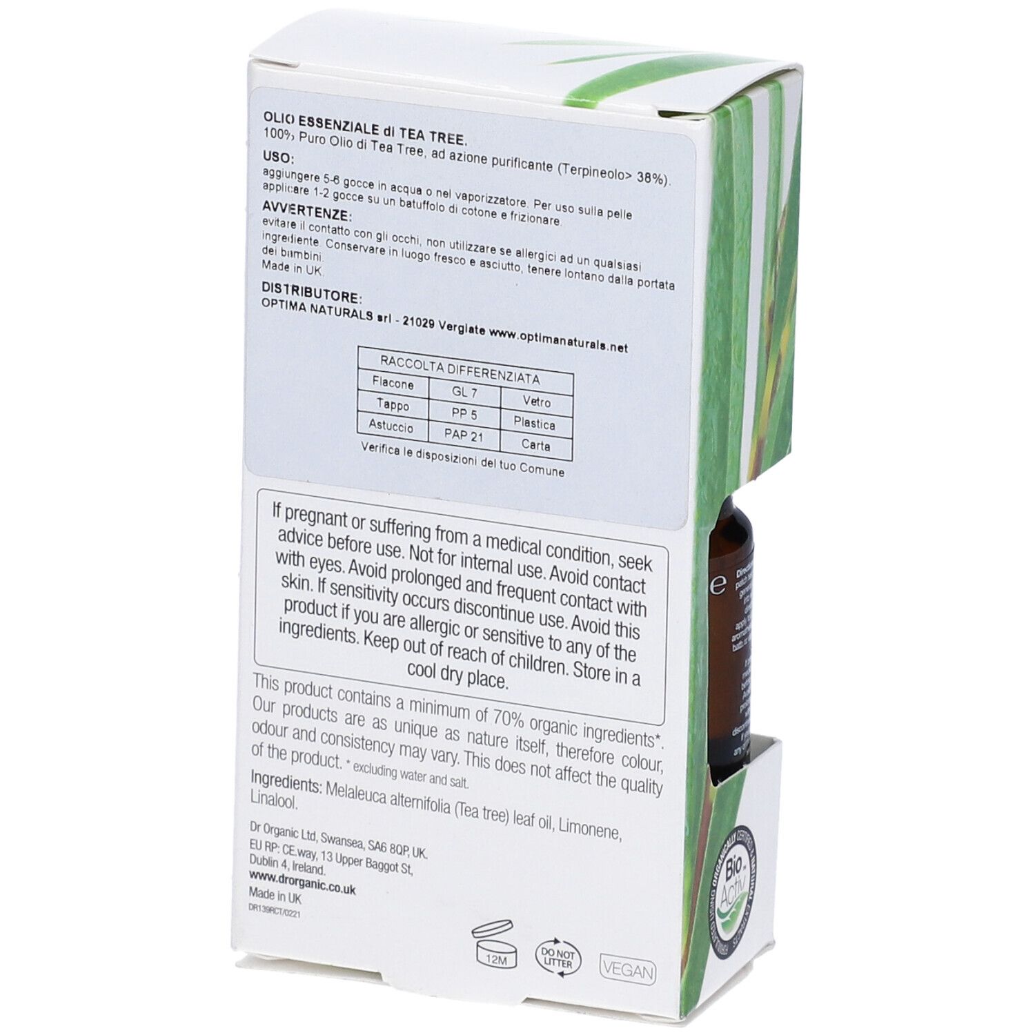Retro della confezione del prodotto con testo. Scritta: Olio Essenziale di Tea Tree. Sigillo Bio-Activ. Ingredienti.