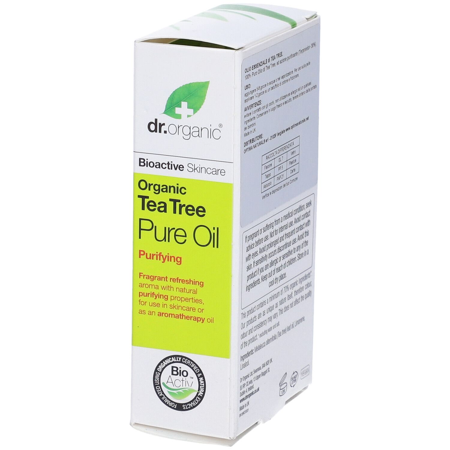 Confezione del prodotto con testo. Scritta: Organic Tea Tree Pure Oil. Sigillo Bio-Activ. 10 ml.